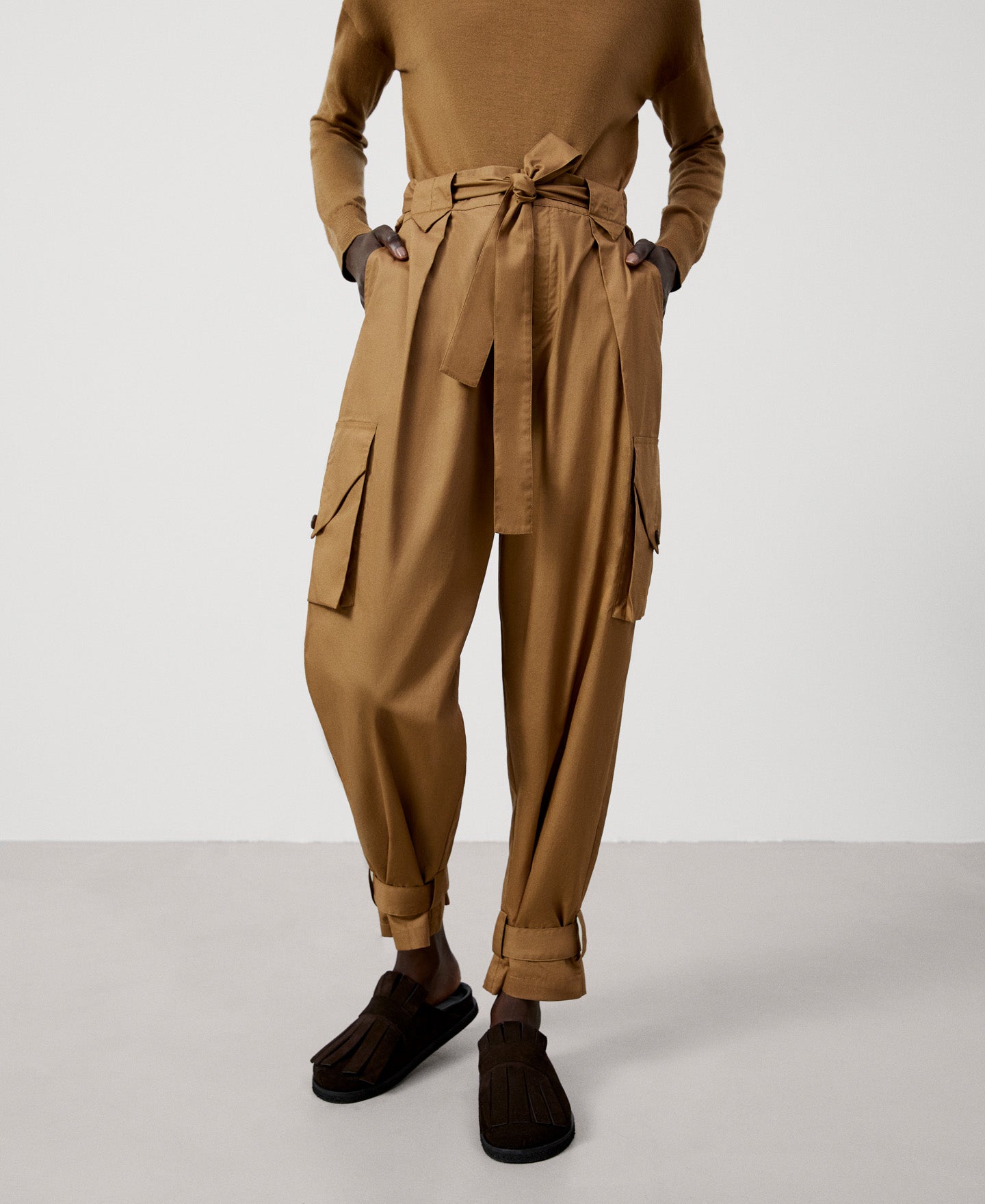 Camel High-Waist Cargo Trousers