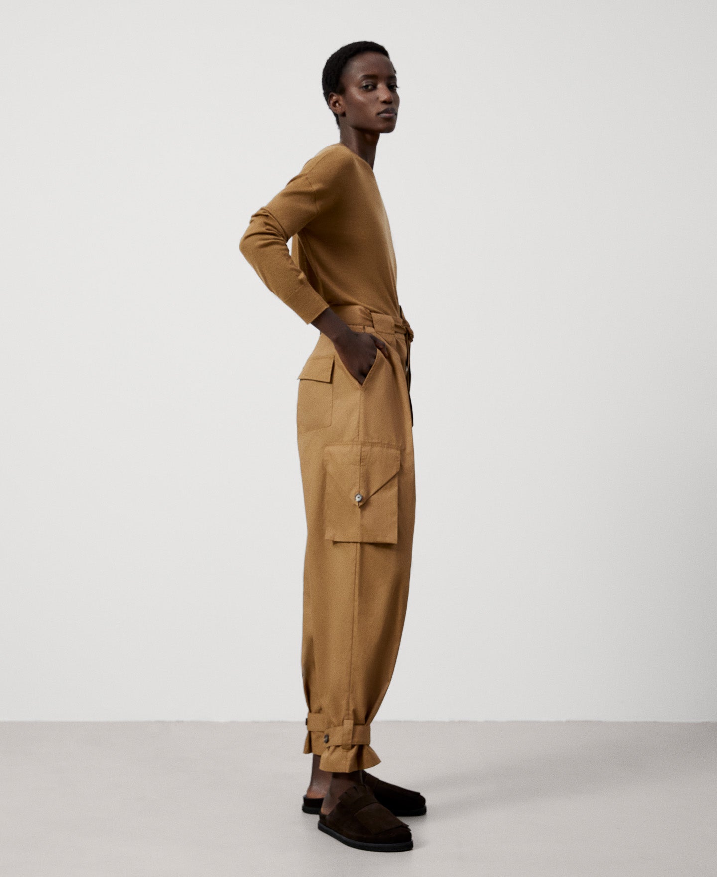 Camel High-Waist Cargo Trousers