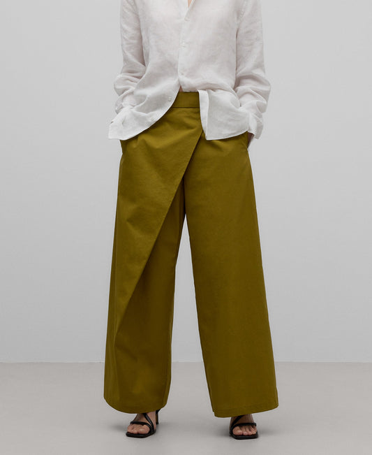 Cotton cross-front trousers woman in olive green