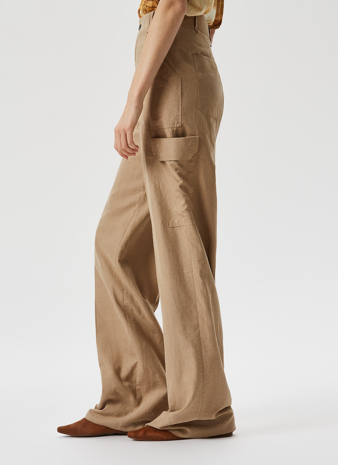 Camel Straight Leg Trousers With Flap Pocket