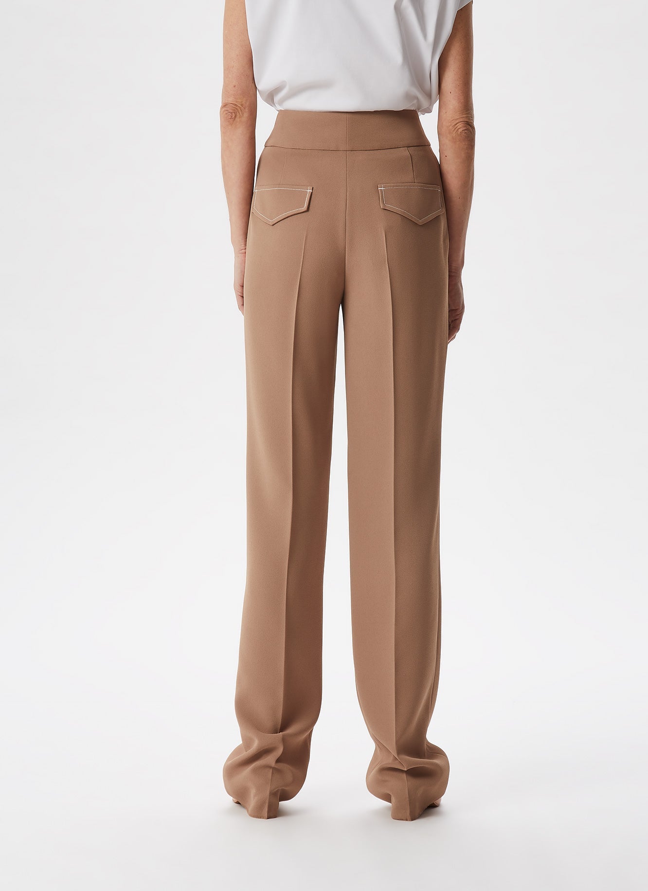 Camel Straight Trousers With Visible Stitching