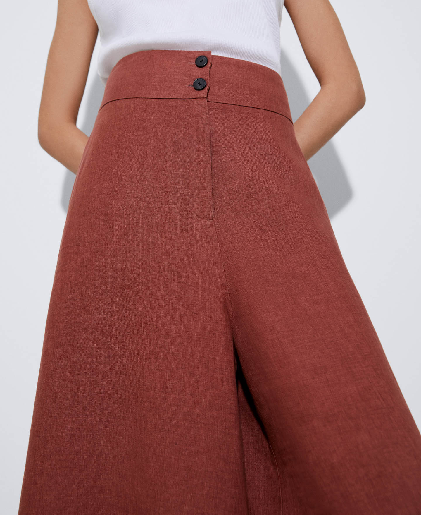 Dark Red Cropped Trousers In European Linen
