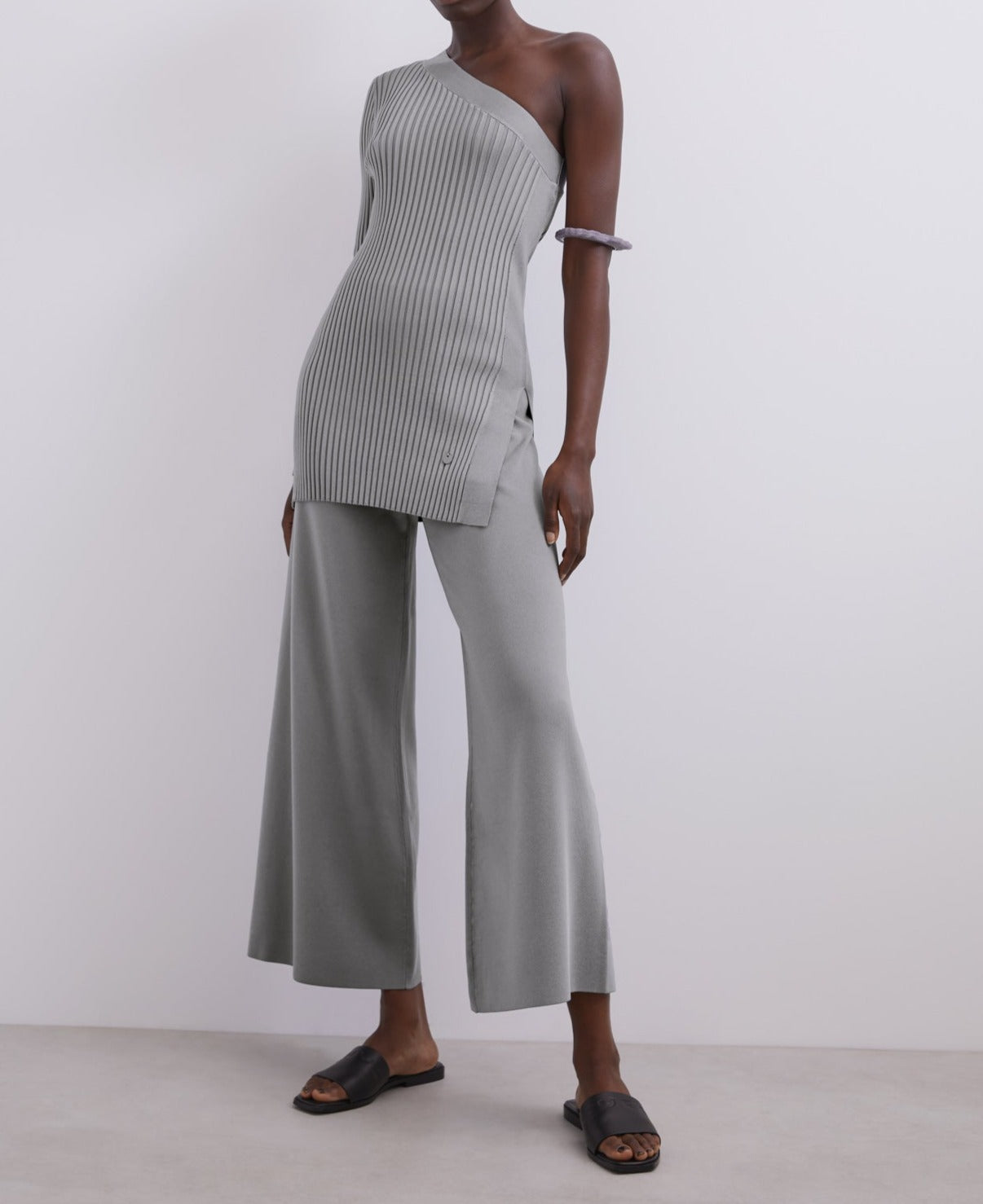 Grey Rubber Knit High Rise Pants