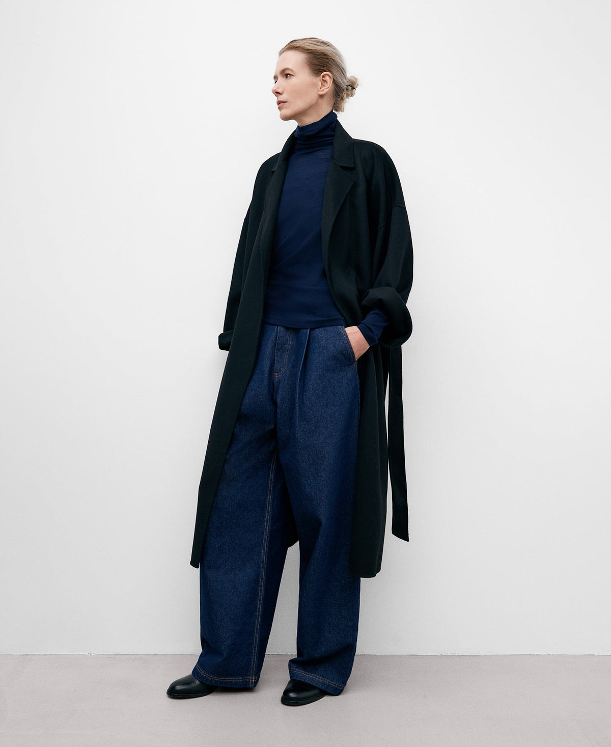 Navy Blue Merino Wool High Neck Top For Women