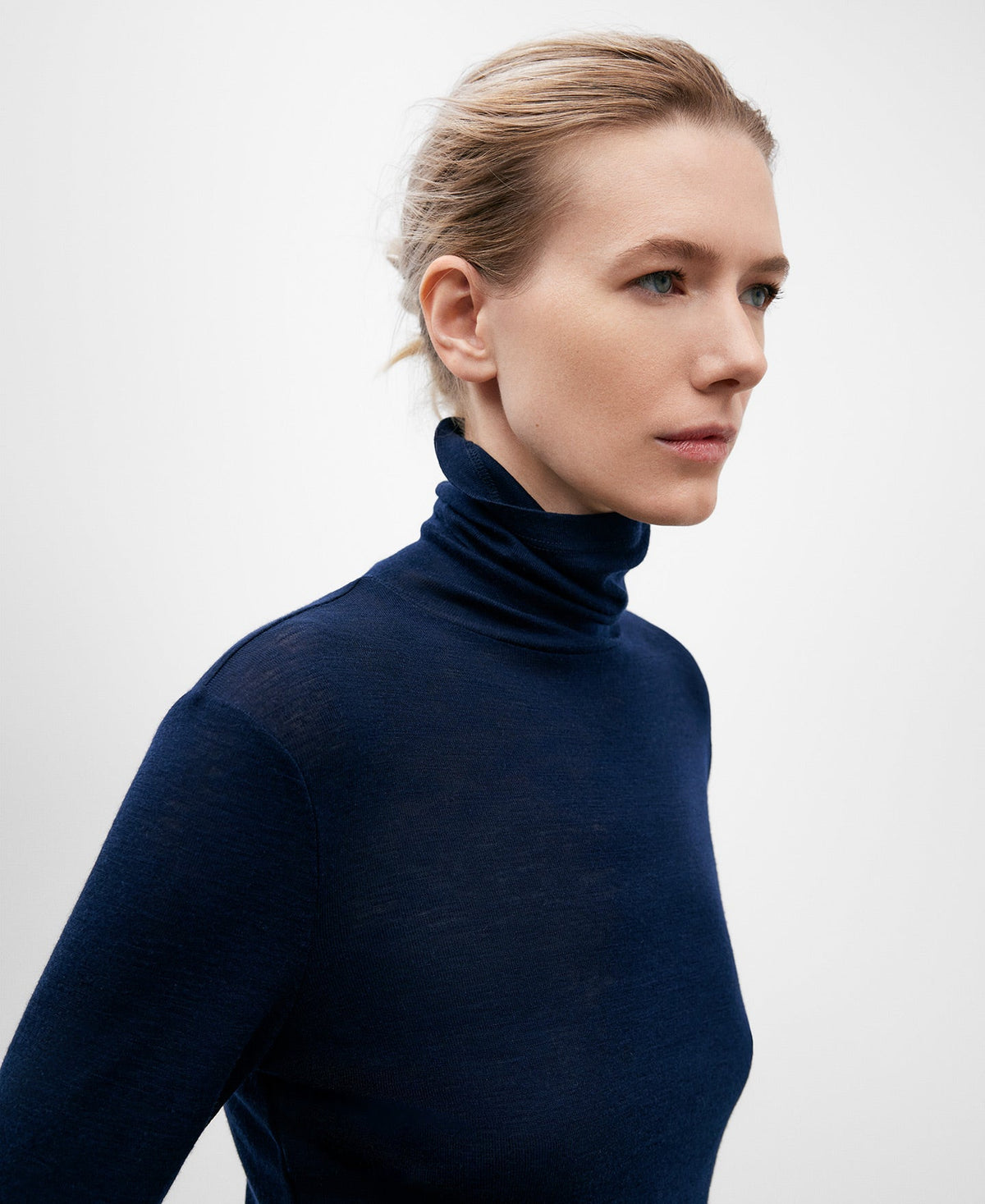 Navy Blue Merino Wool High Neck Top For Women