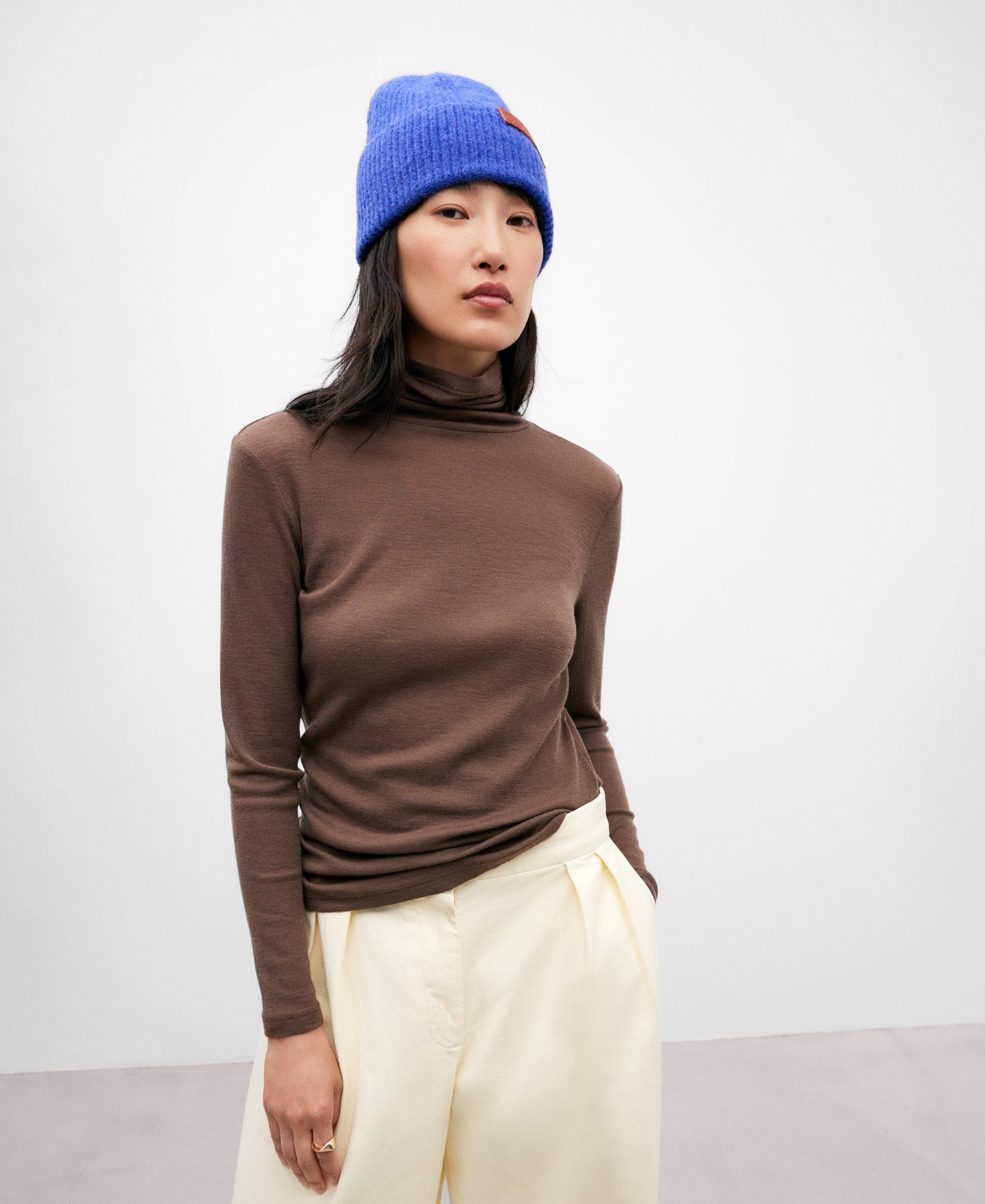 Taupe Merino Wool High Neck Top For Women