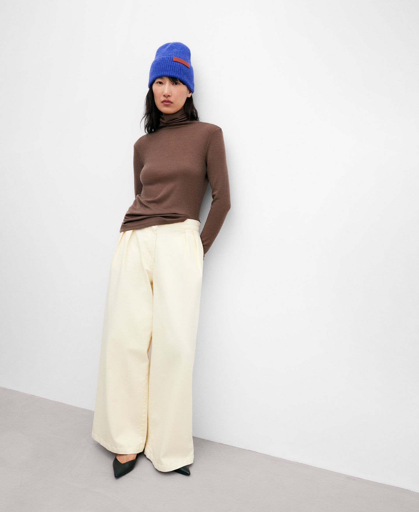 Taupe Merino Wool High Neck Top For Women