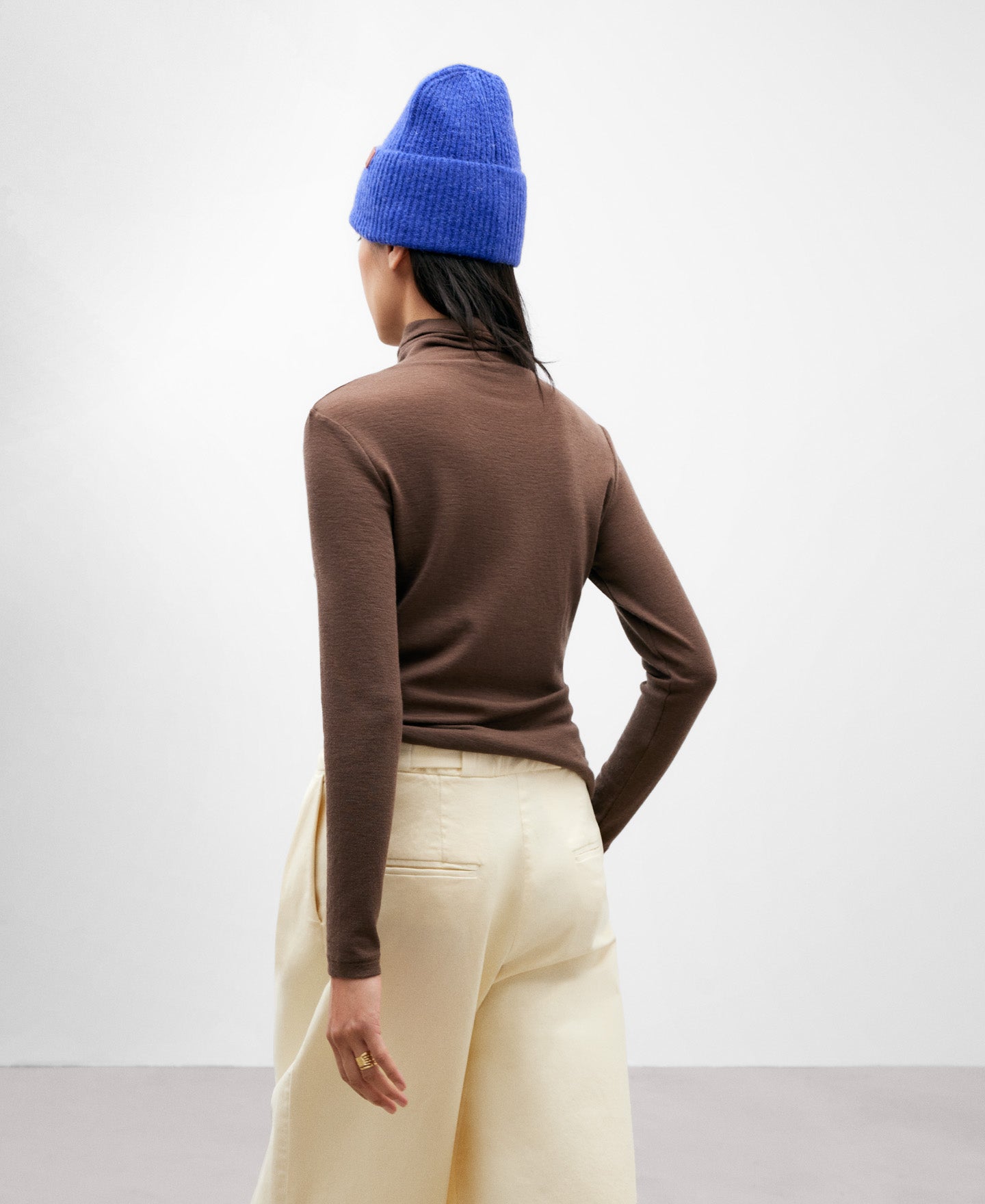 Taupe Merino Wool High Neck Top For Women