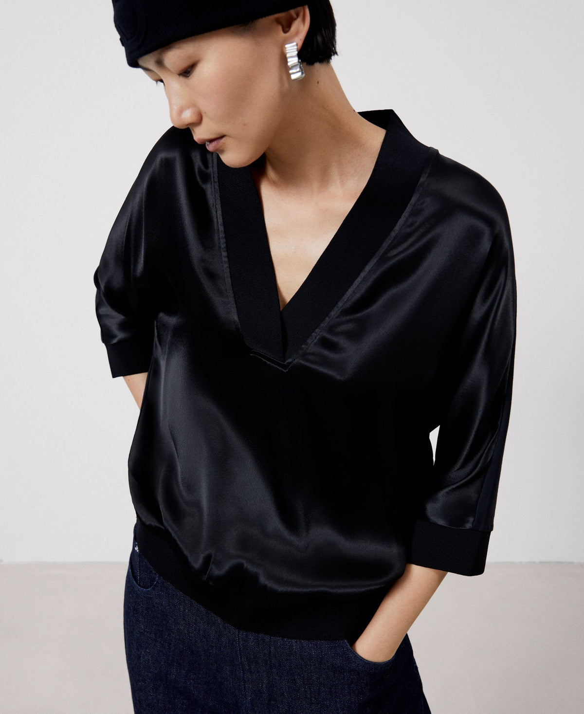 Black Viscose V-Neckline Blouse