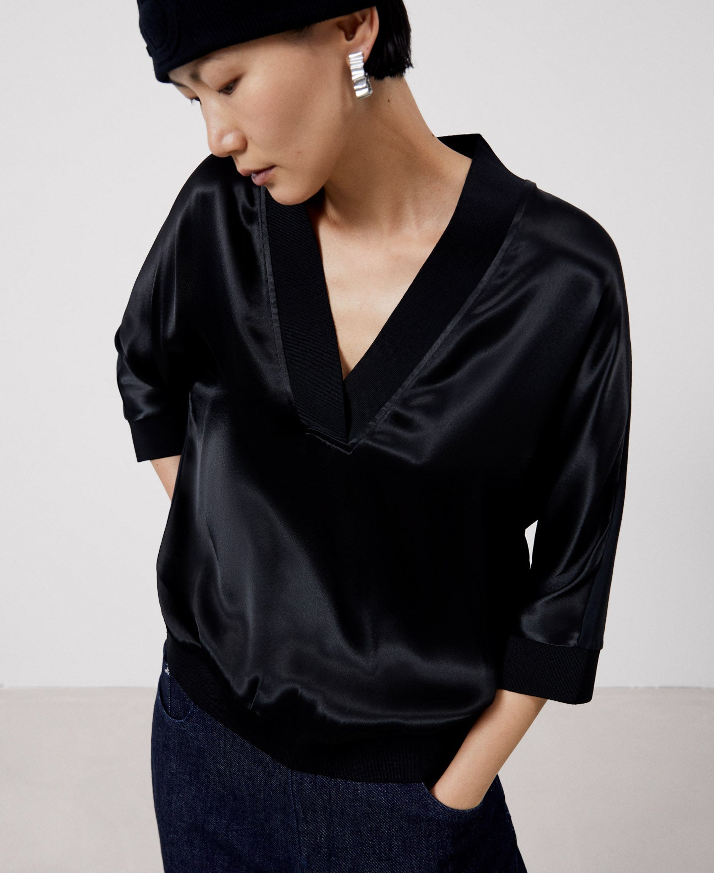 Black Viscose V-Neckline Blouse