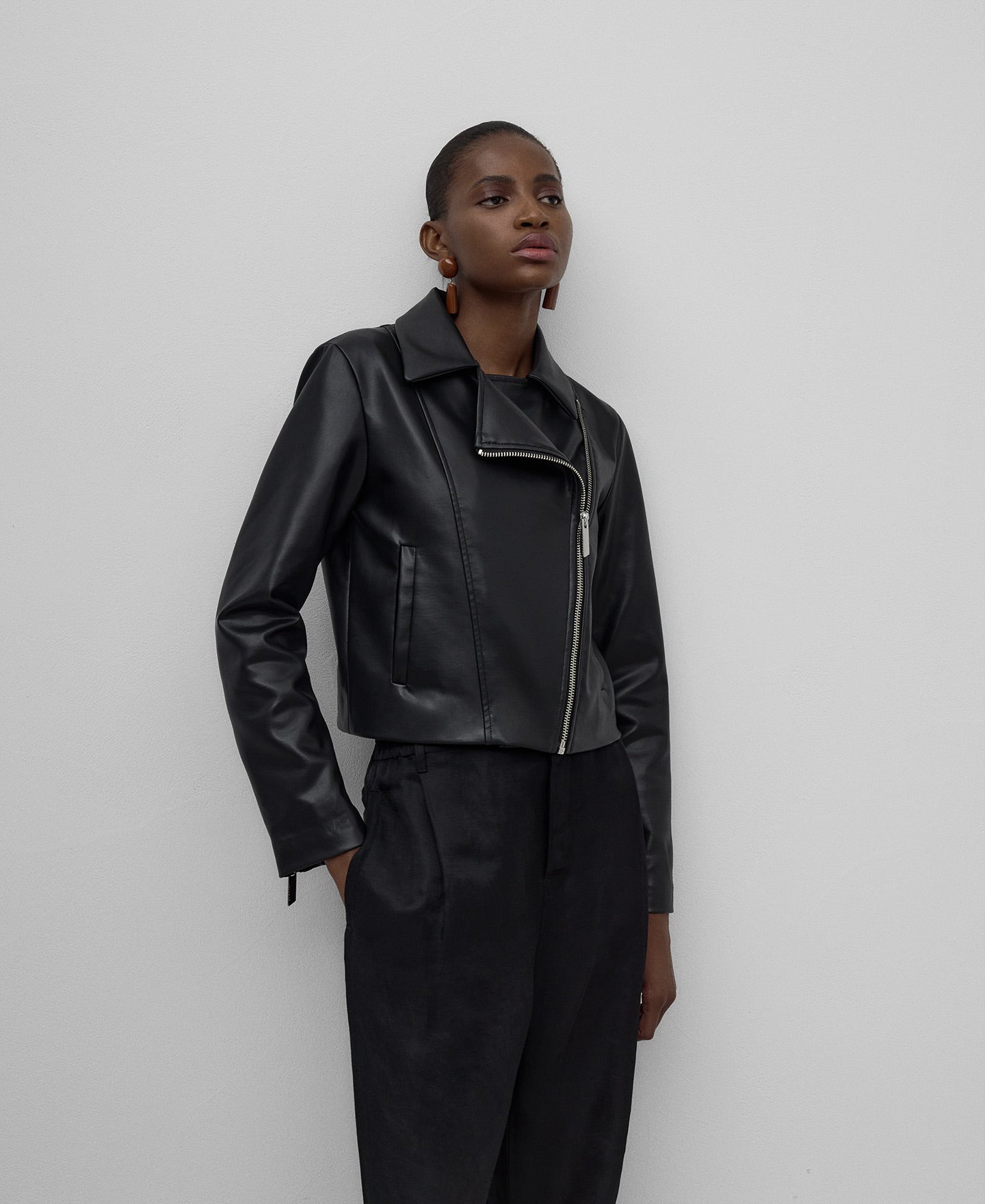 Leather-Non-Leather biker jacket woman in black