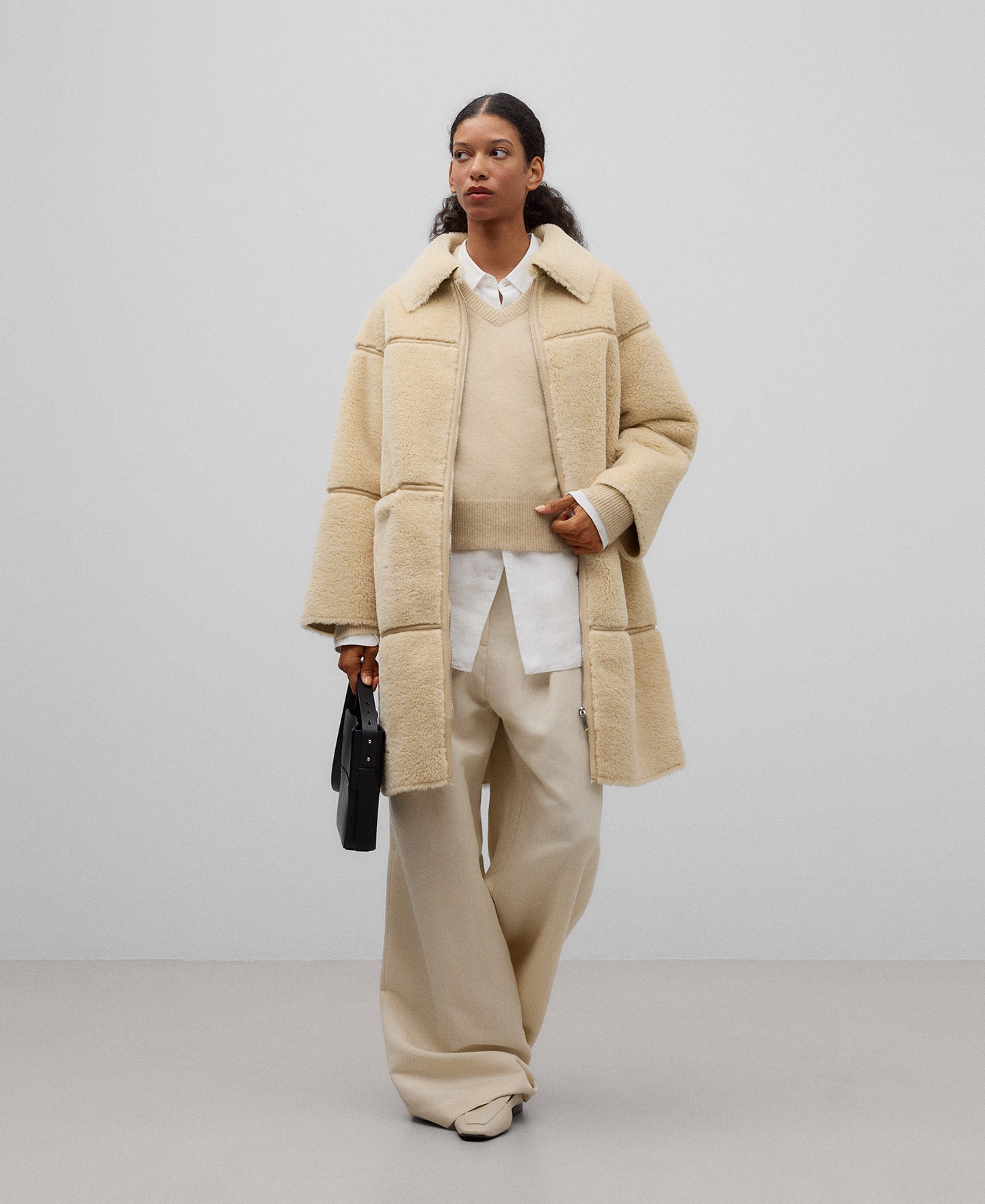 Long Shearling Coat For Women in Light Cream