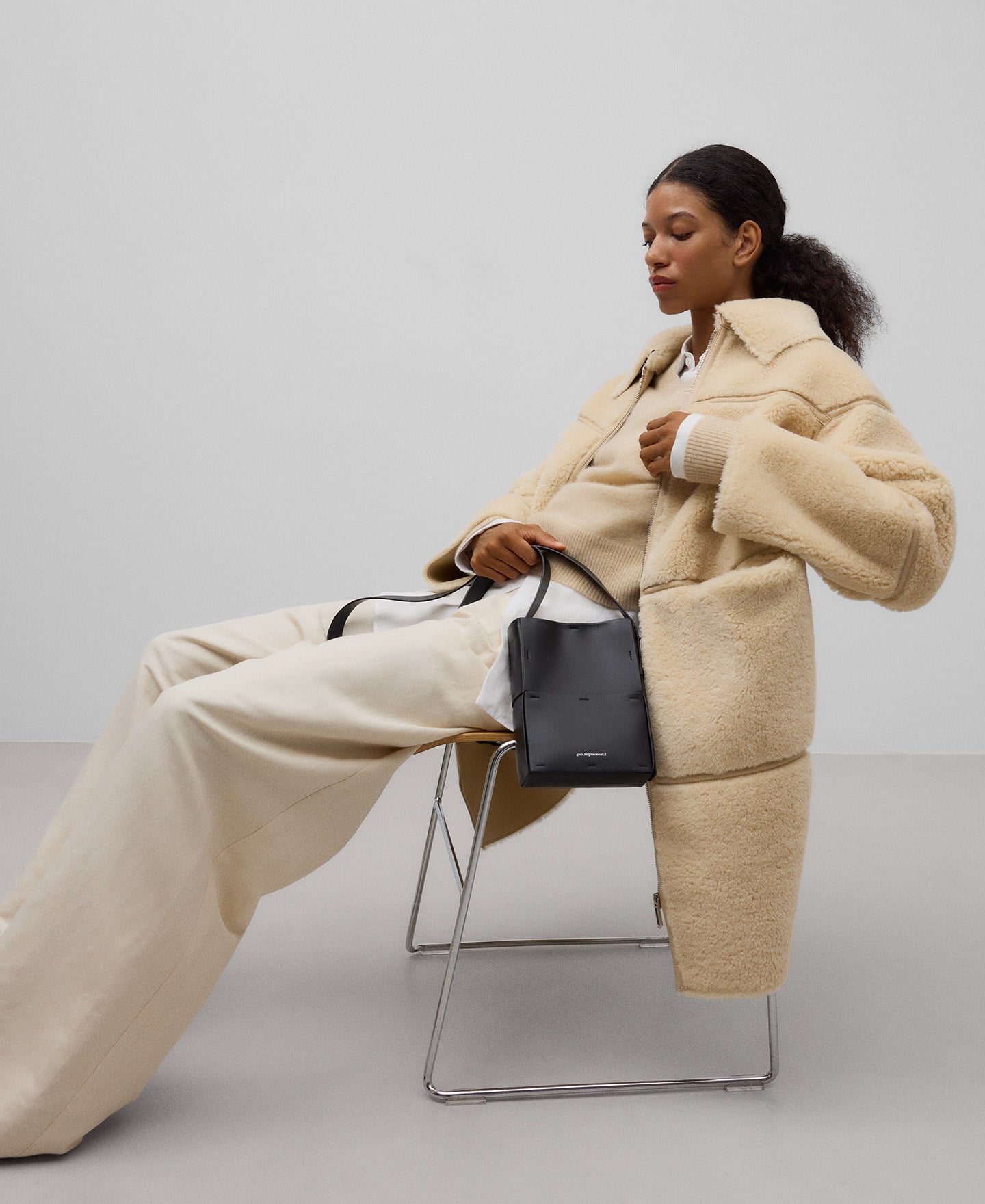 Long Shearling Coat For Women in Light Cream