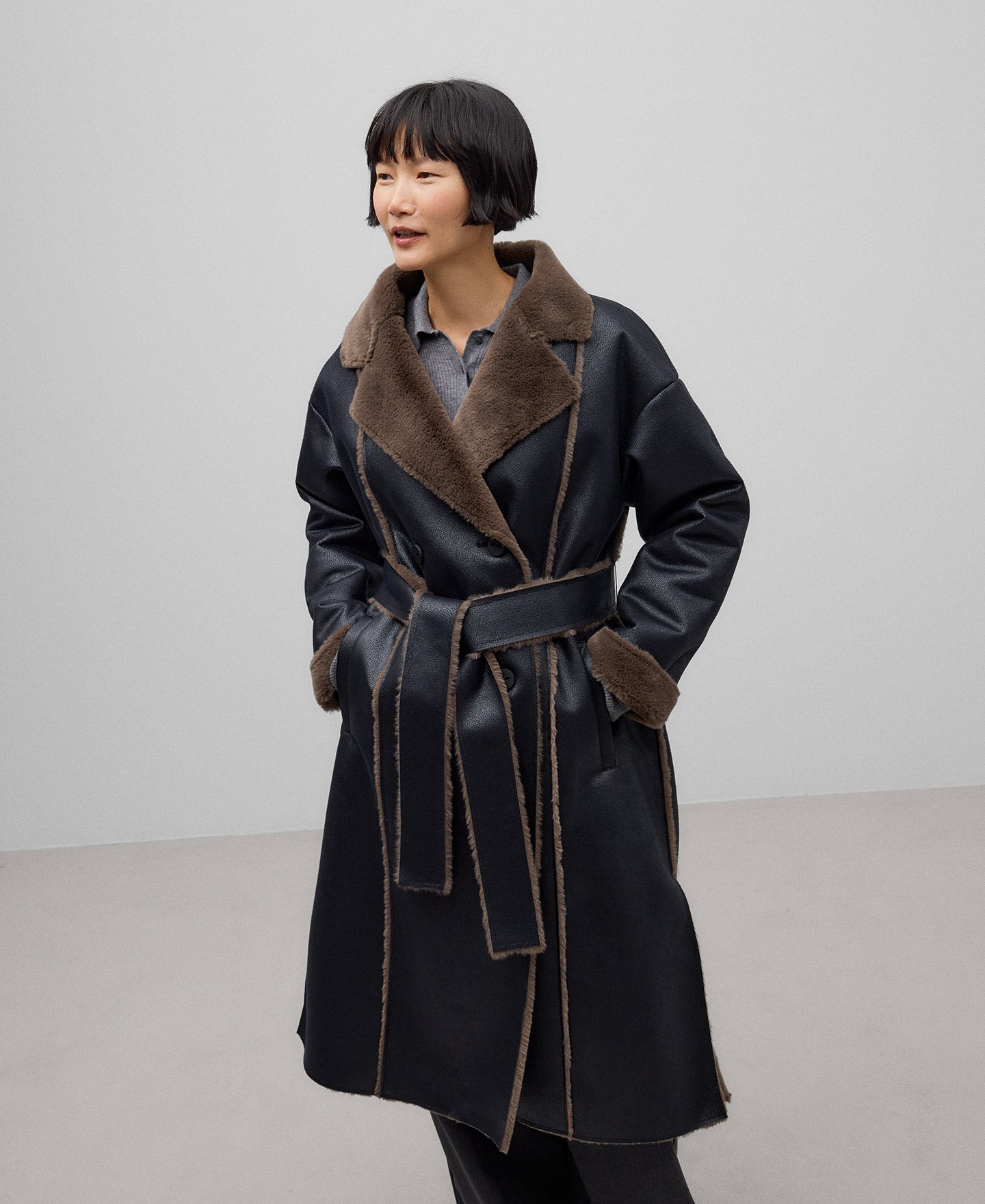 Leather-Non-Leather Long Coat for Women in Black