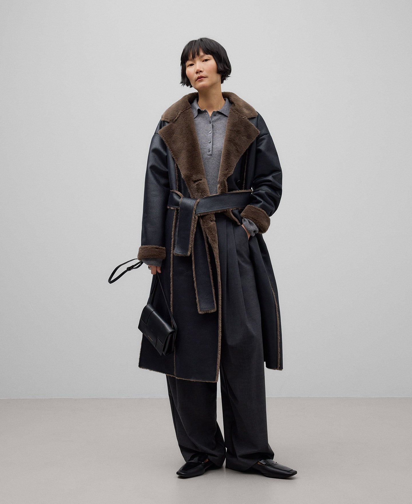 Leather-Non-Leather Long Coat for Women in Black