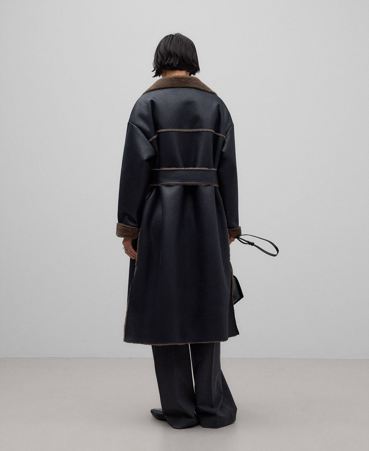 Leather-Non-Leather Long Coat for Women in Black