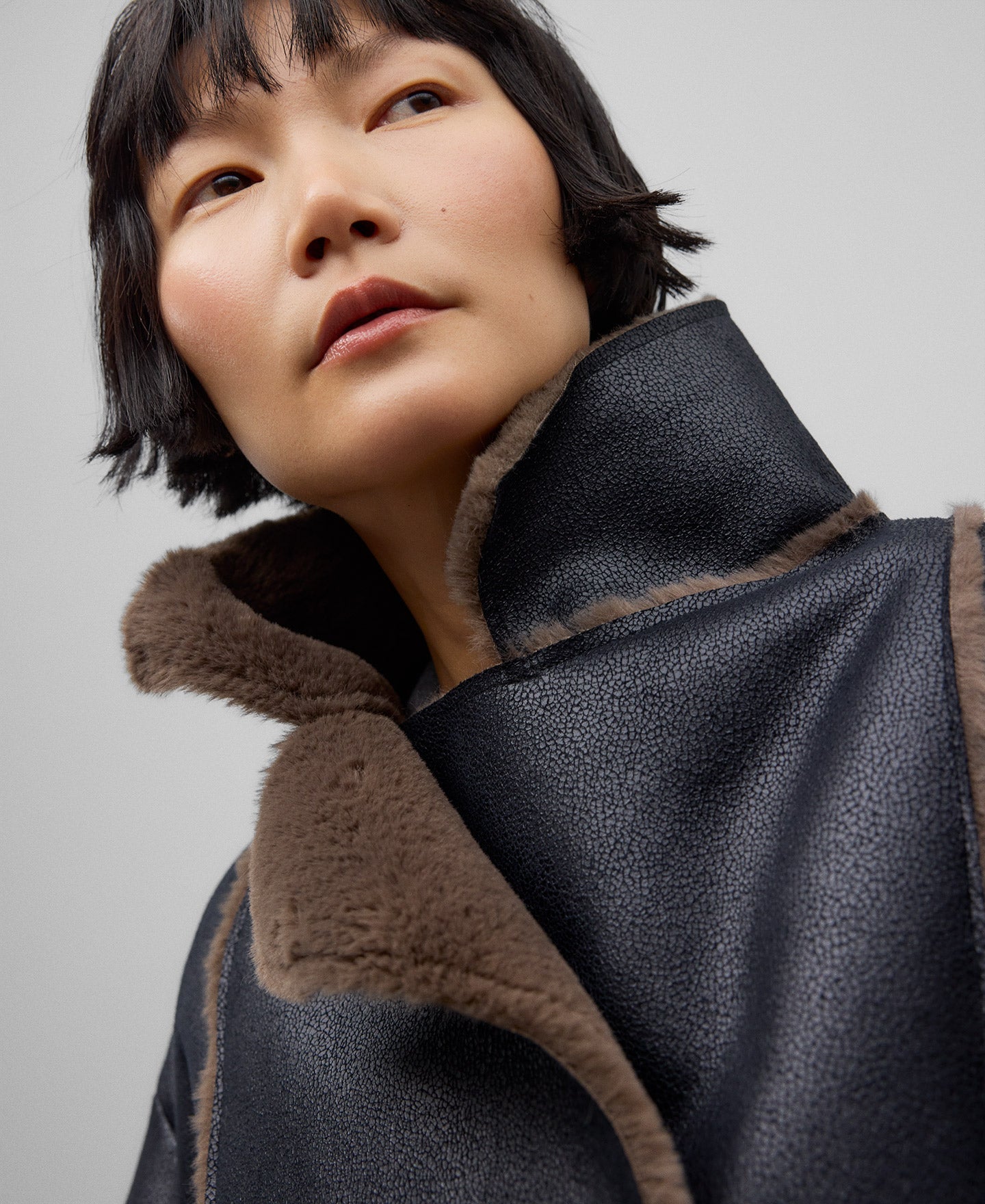 Leather-Non-Leather Long Coat for Women in Black