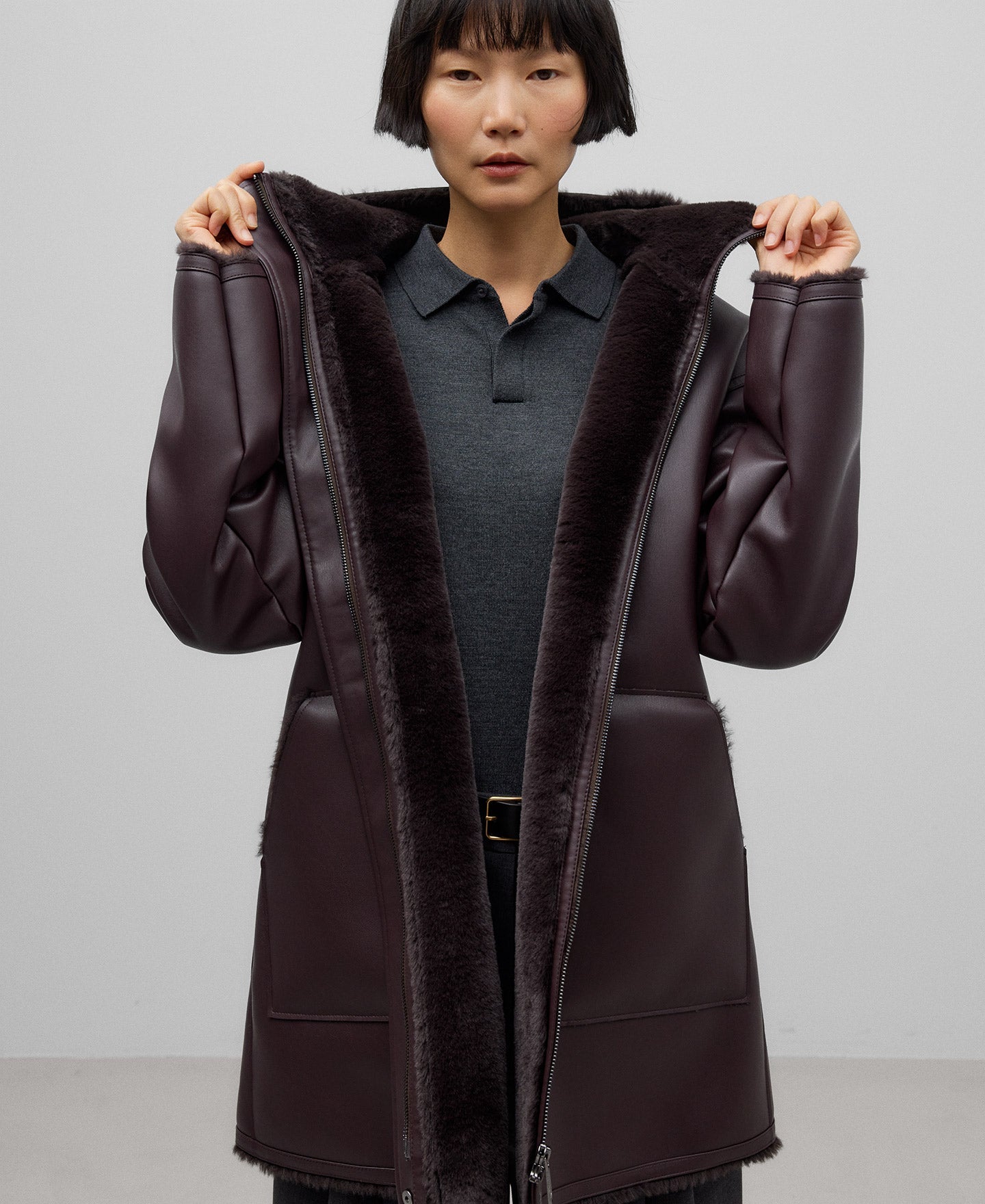 Leather-Non-Leather hooded coat woman in chocolate