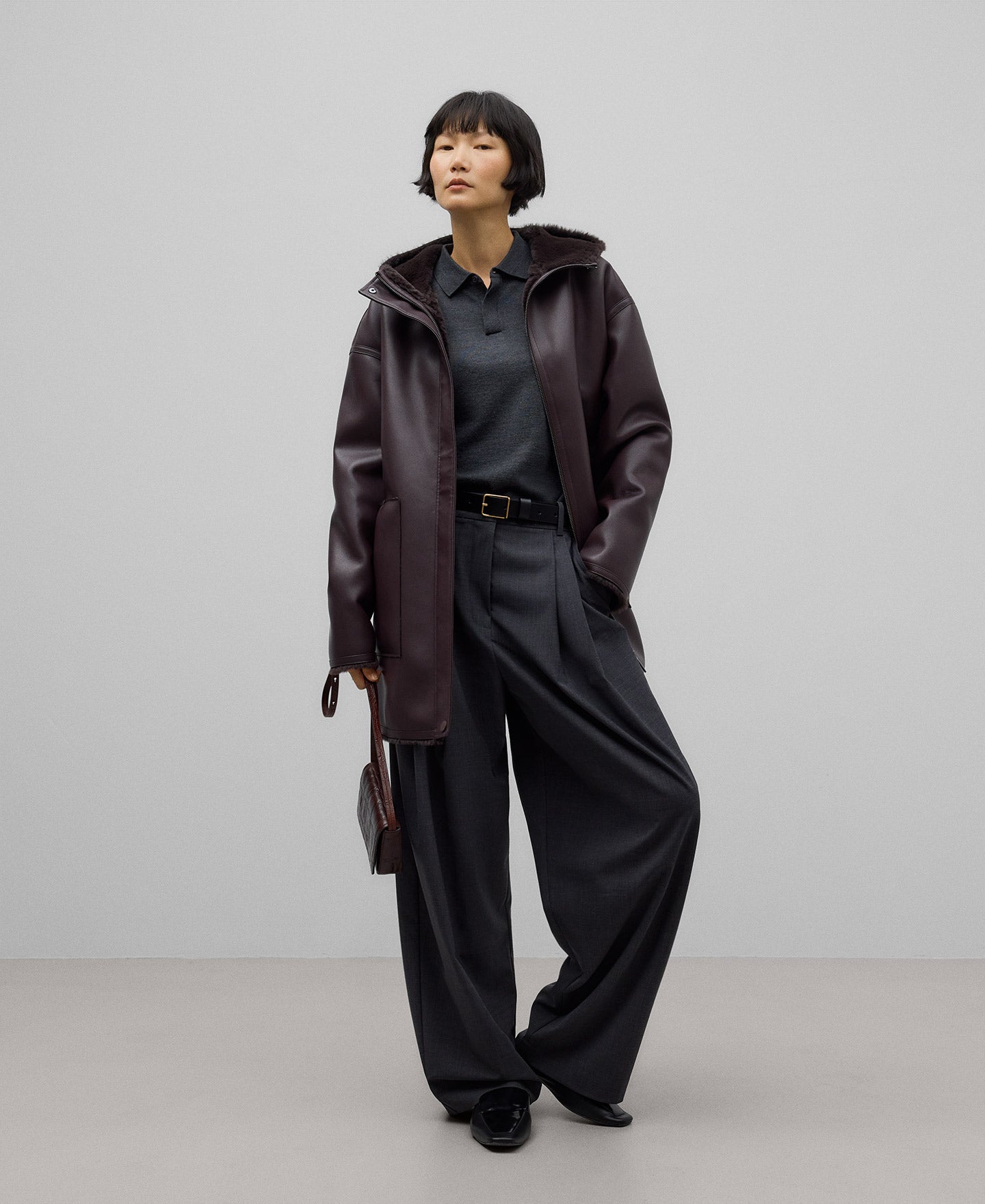 Leather-Non-Leather hooded coat woman in chocolate