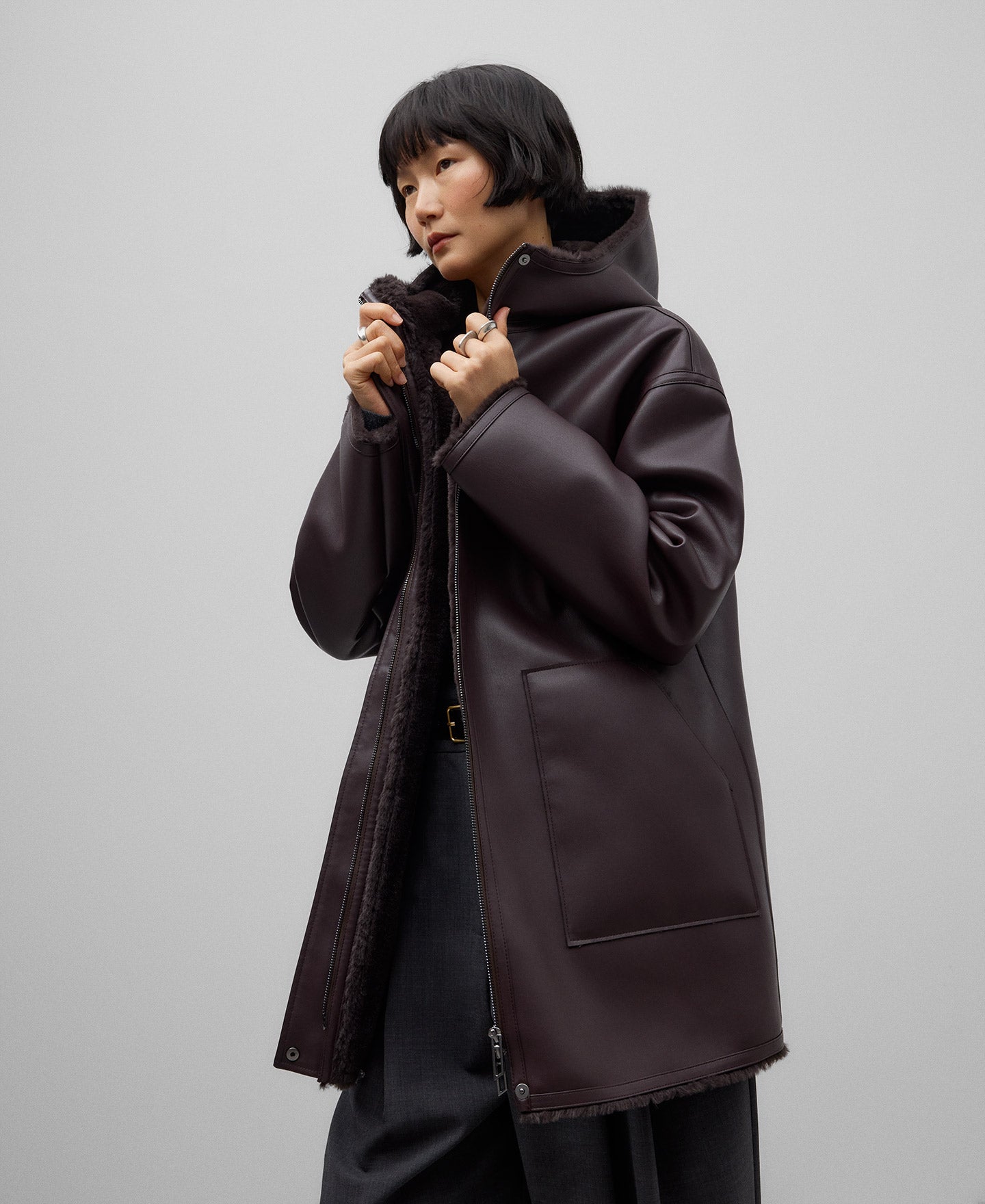 Leather-Non-Leather hooded coat woman in chocolate
