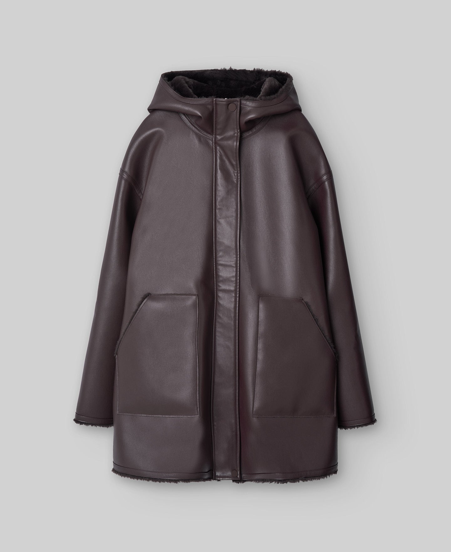 Leather-Non-Leather hooded coat woman in chocolate