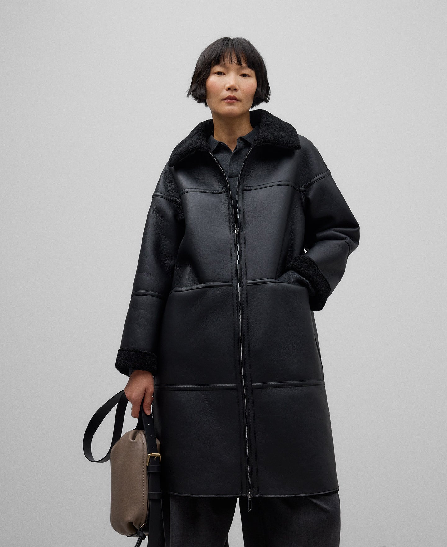 Leather-Non-Leather Long Coat in Black