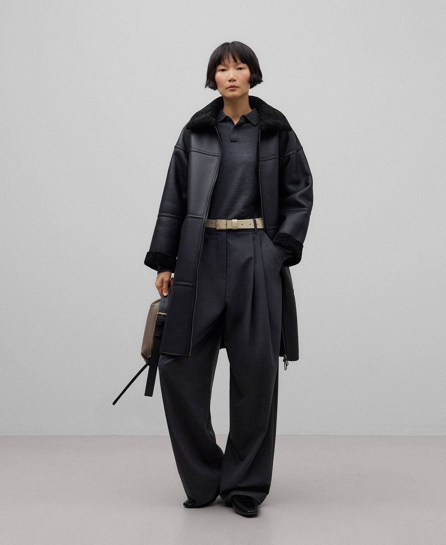 Leather-Non-Leather Long Coat in Black