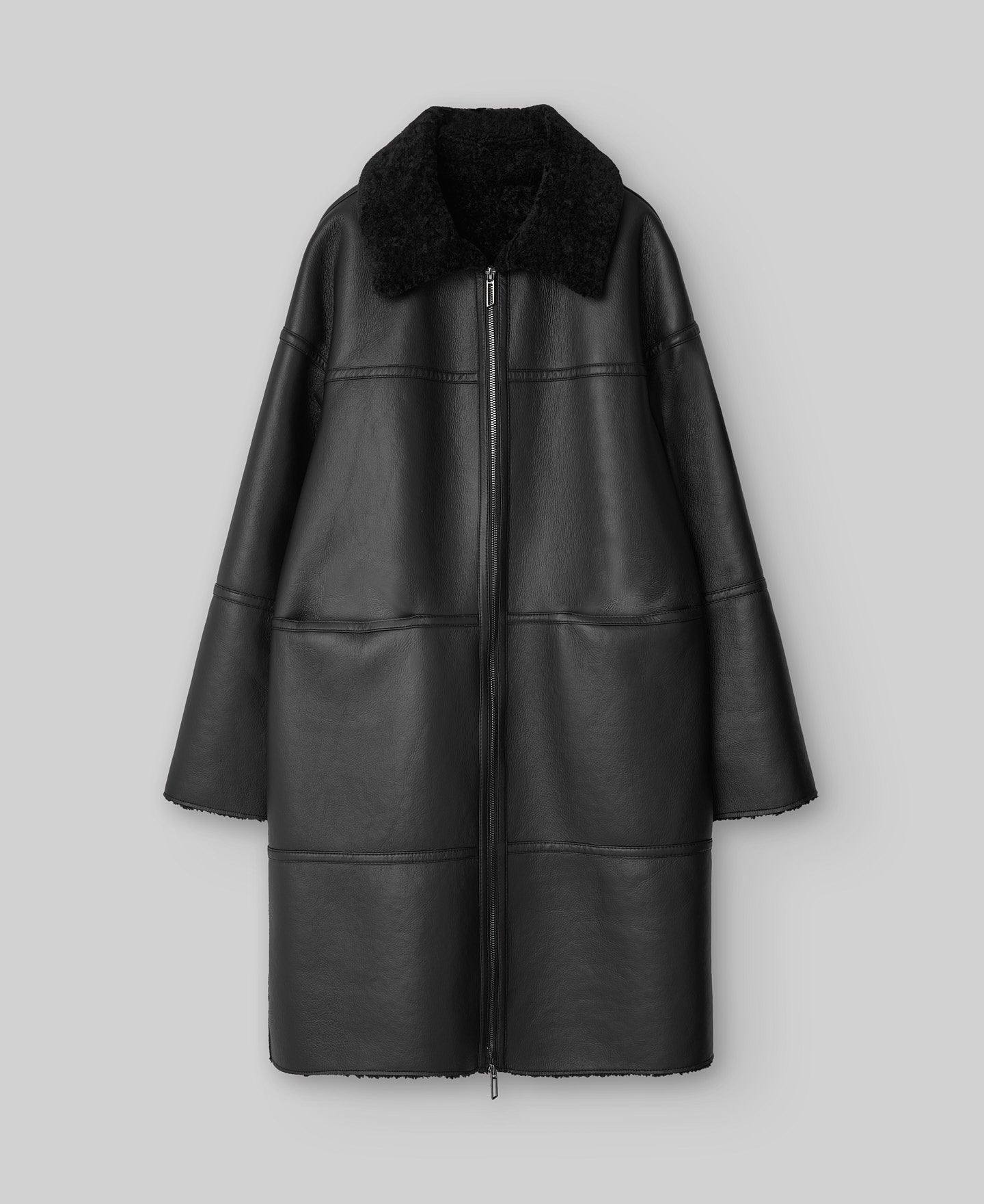Leather-Non-Leather Long Coat in Black