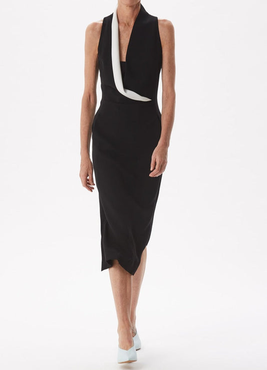 Black & White Bicolour Midi Dress With Draping Collar