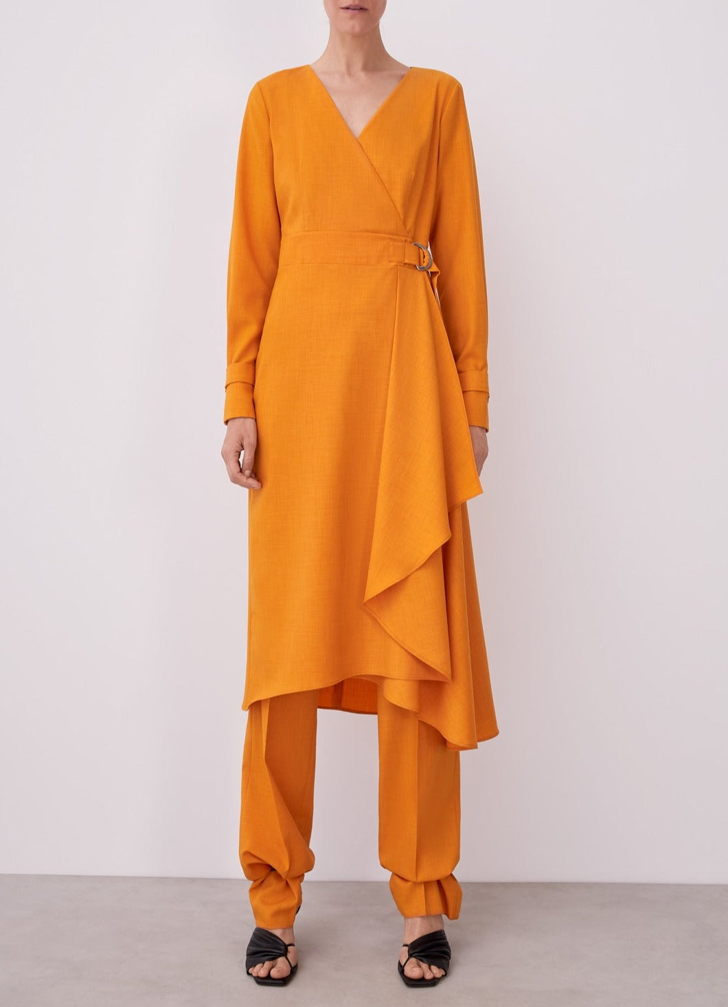 Orange Wrap Dress With Side Flounce