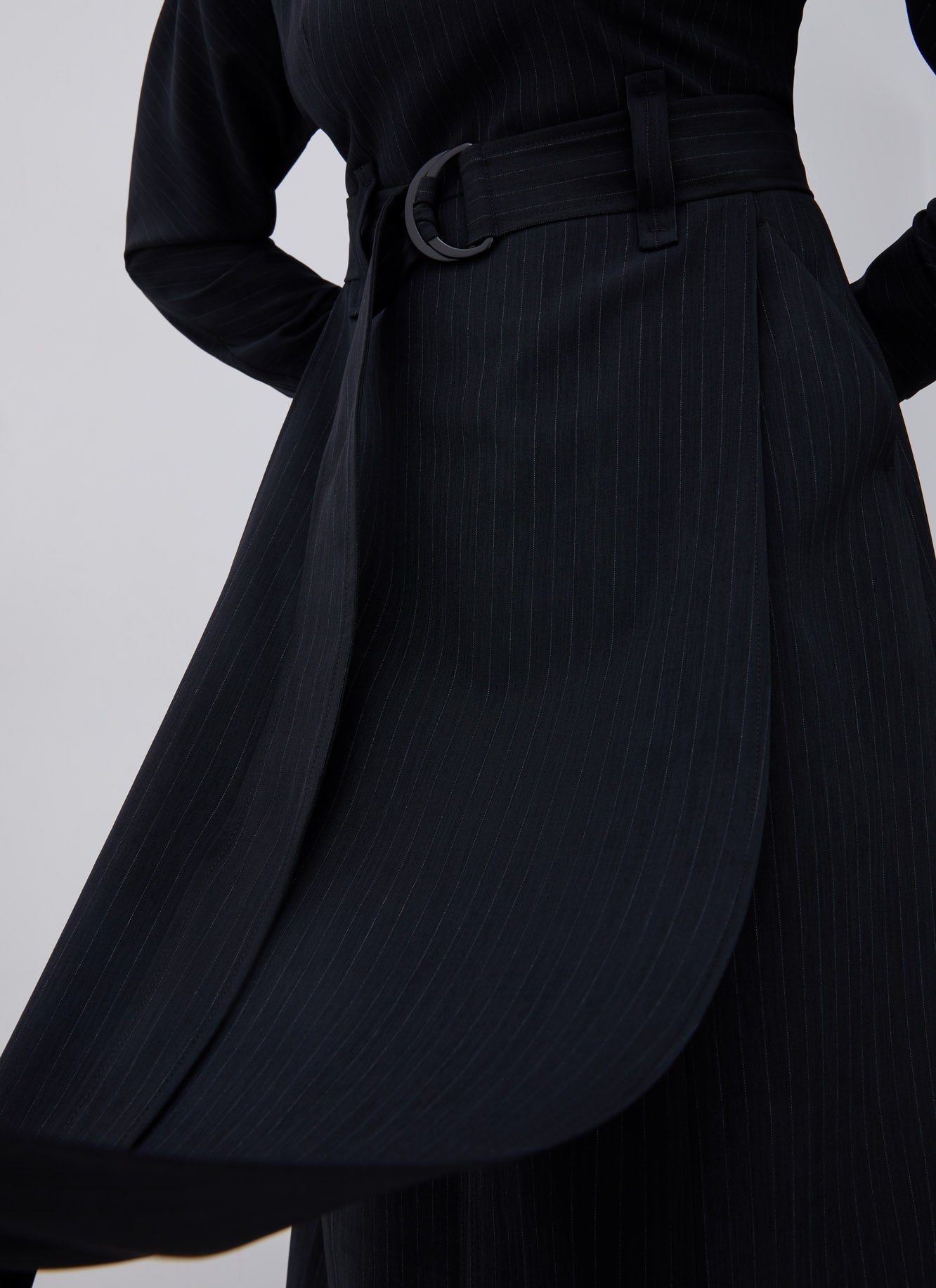 Blue Stripe Midi Dress With Round Collar And Belt