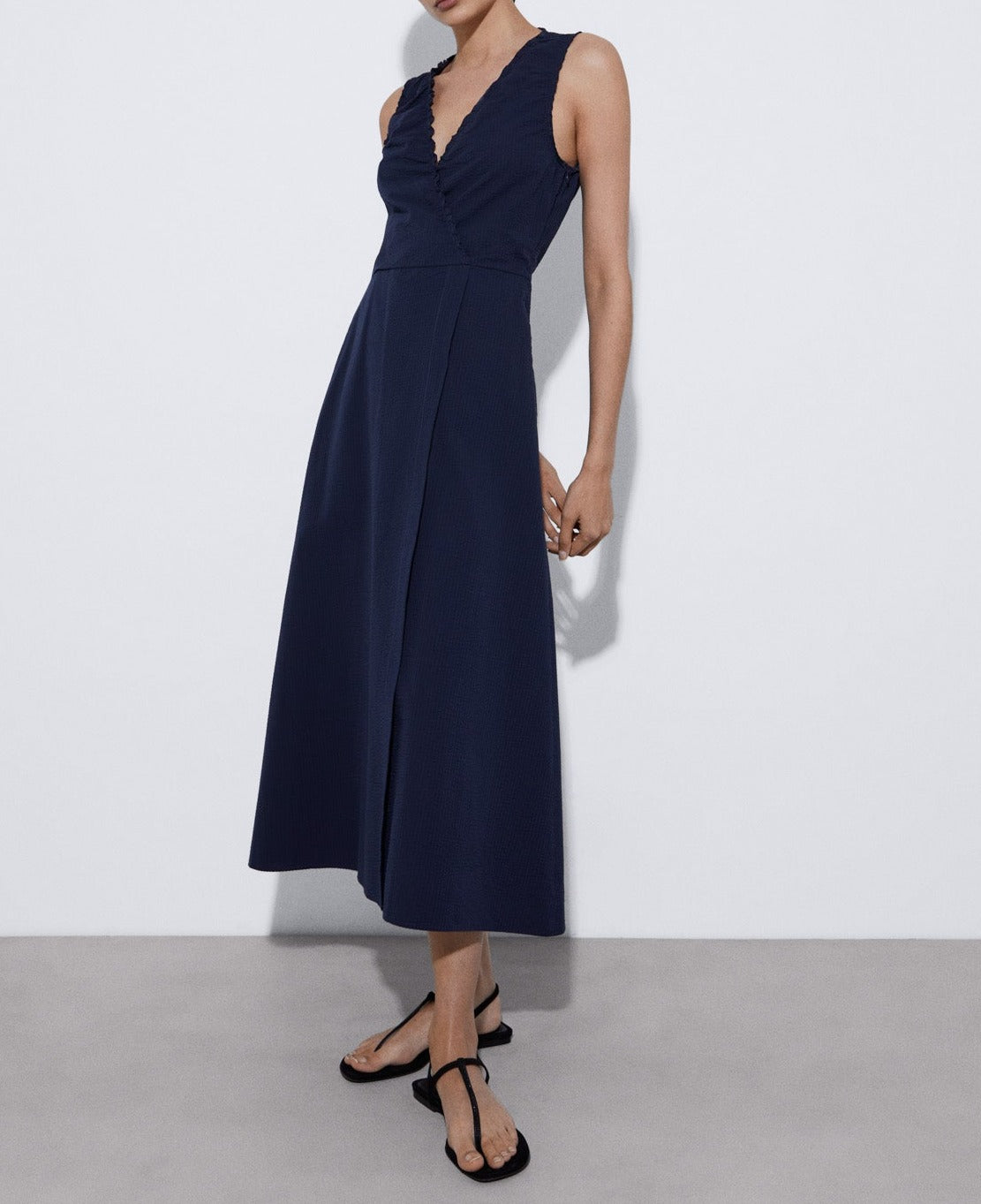 Navyblue Seersucker Dress With Gathered Neckline