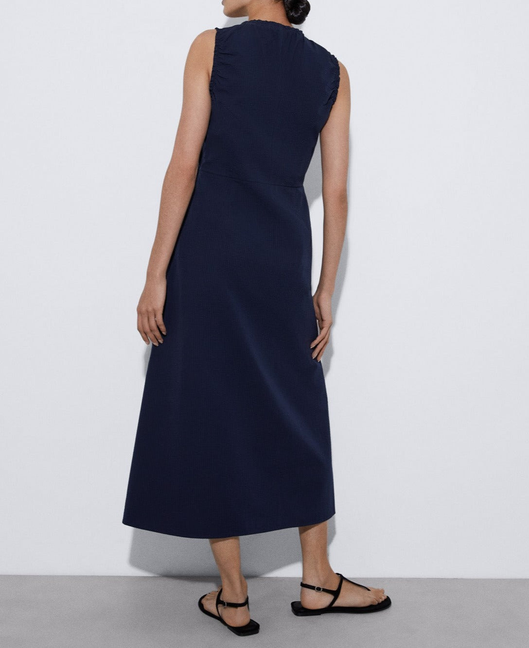Navyblue Seersucker Dress With Gathered Neckline