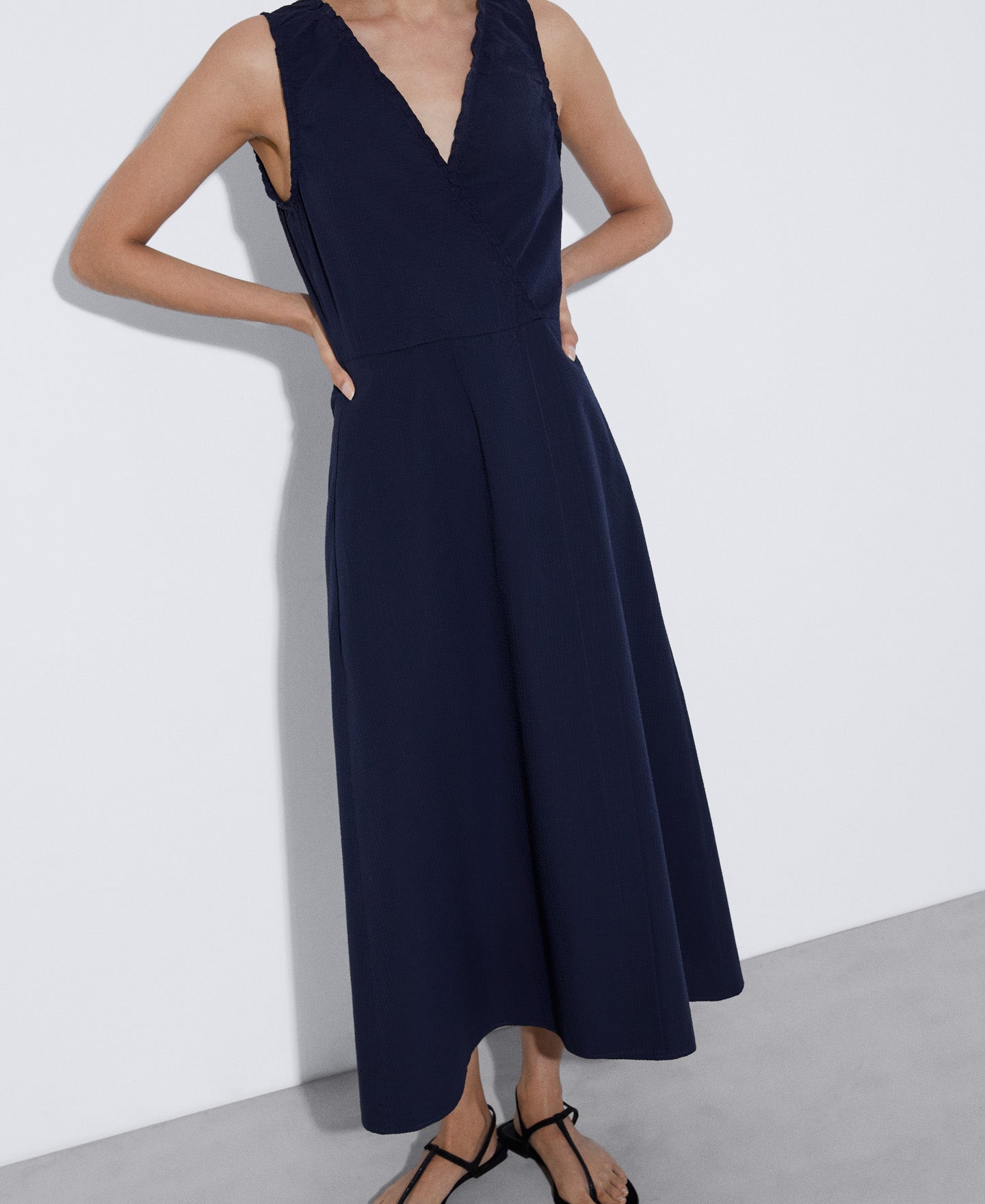 Navyblue Seersucker Dress With Gathered Neckline