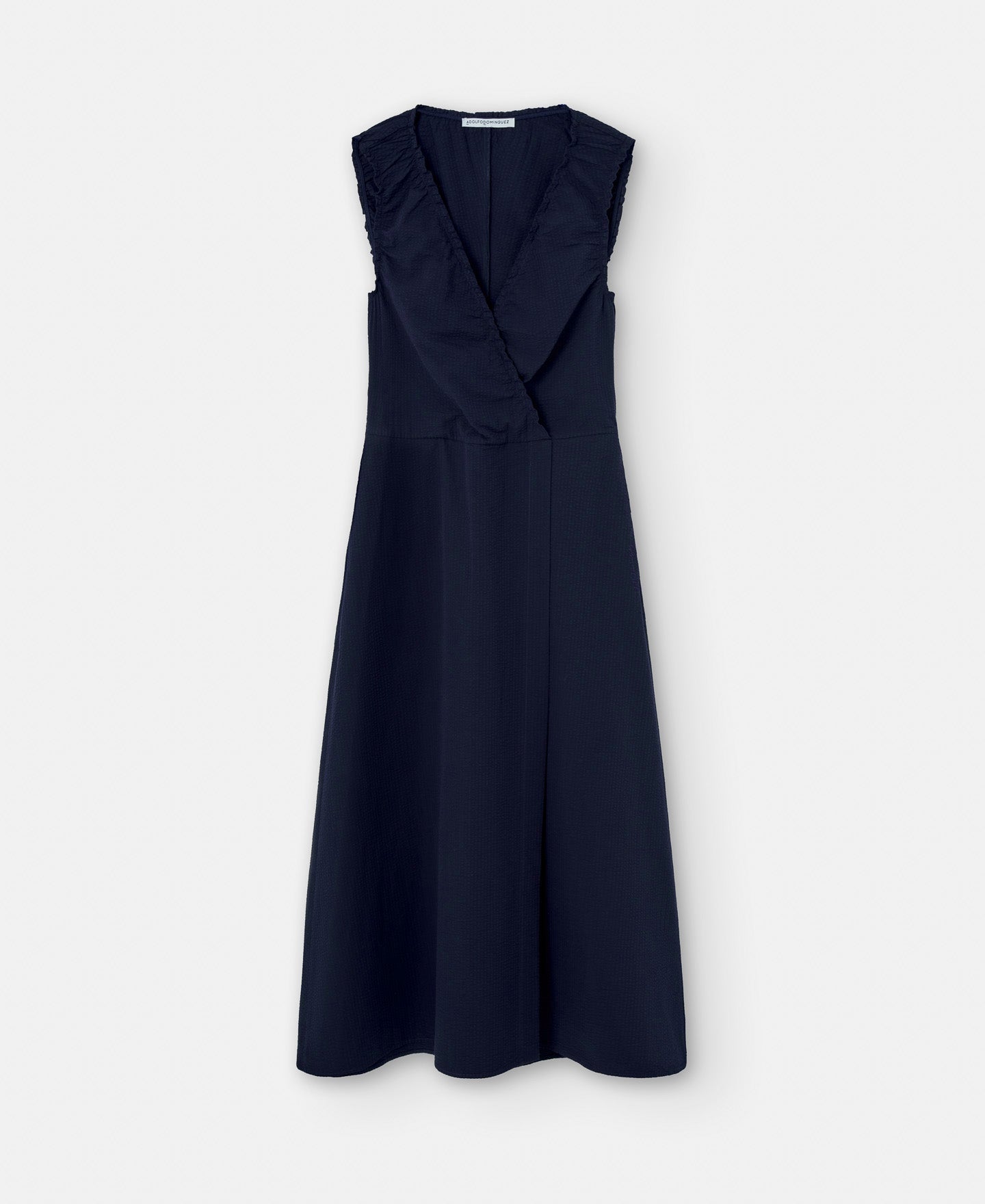 Navyblue Seersucker Dress With Gathered Neckline