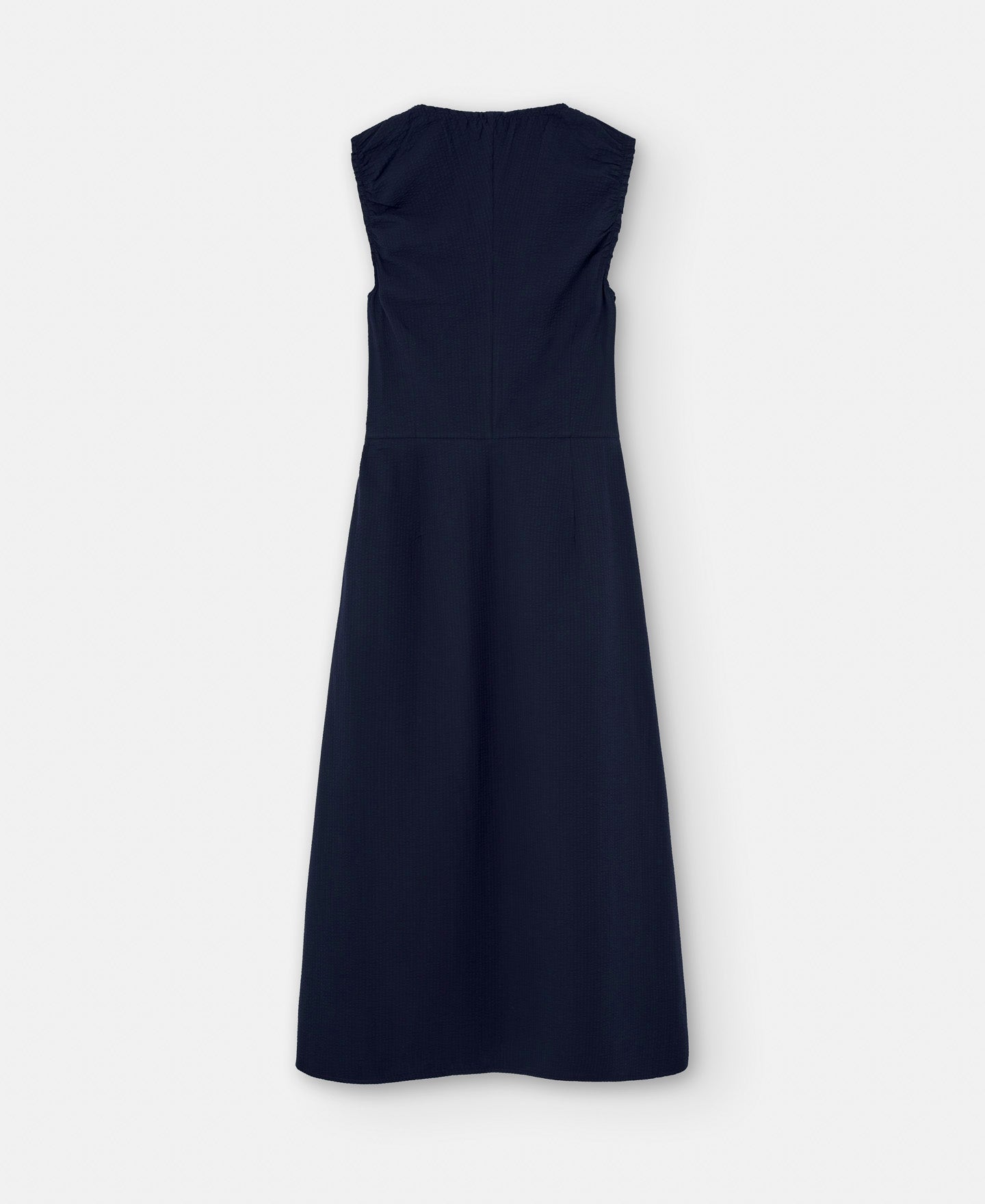 Navyblue Seersucker Dress With Gathered Neckline
