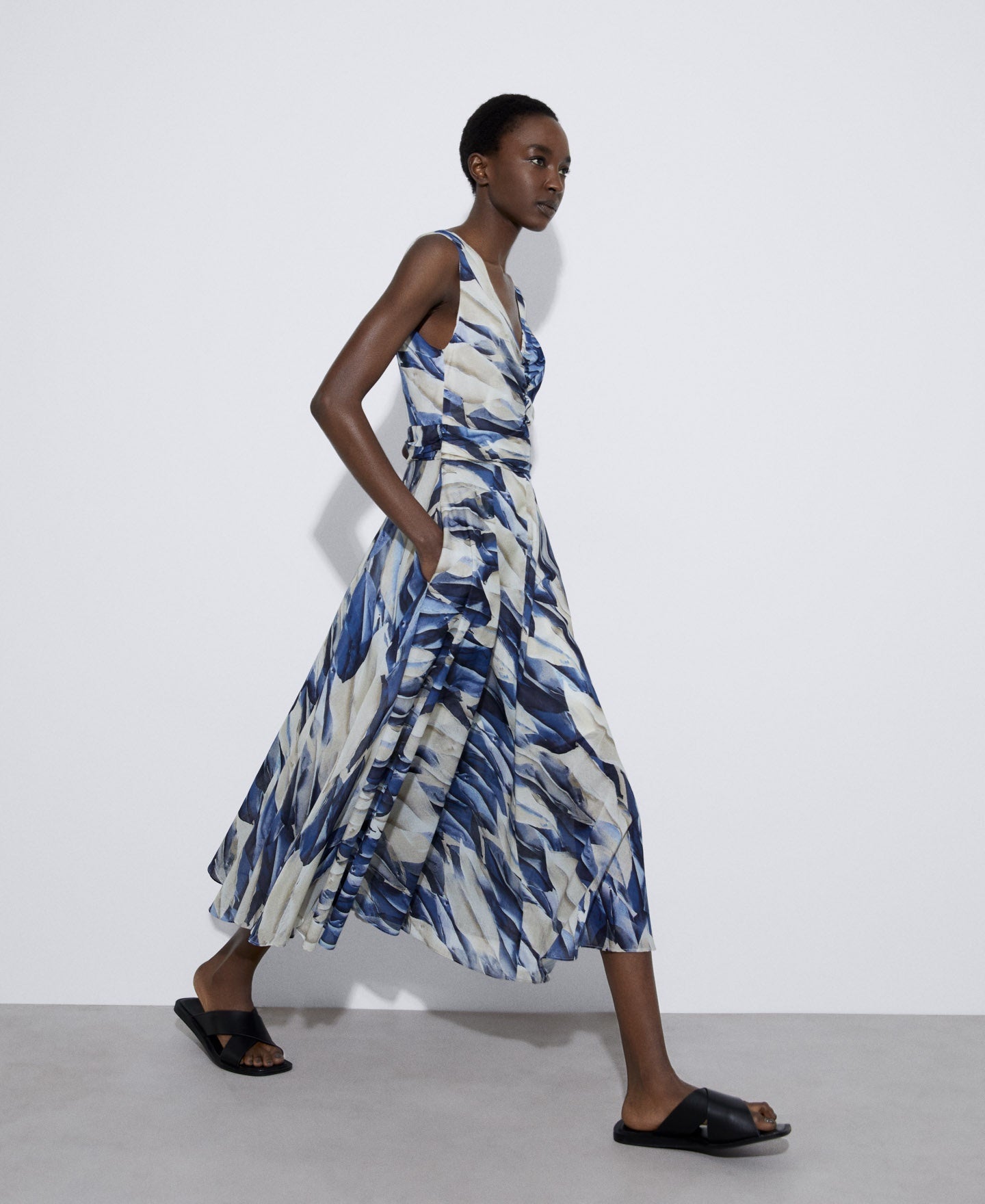 Blue Printed Dress With Draped Neckline