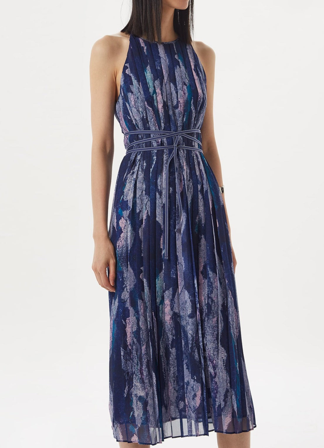 Blue Print Pleated Dress With Chalk Effect Print