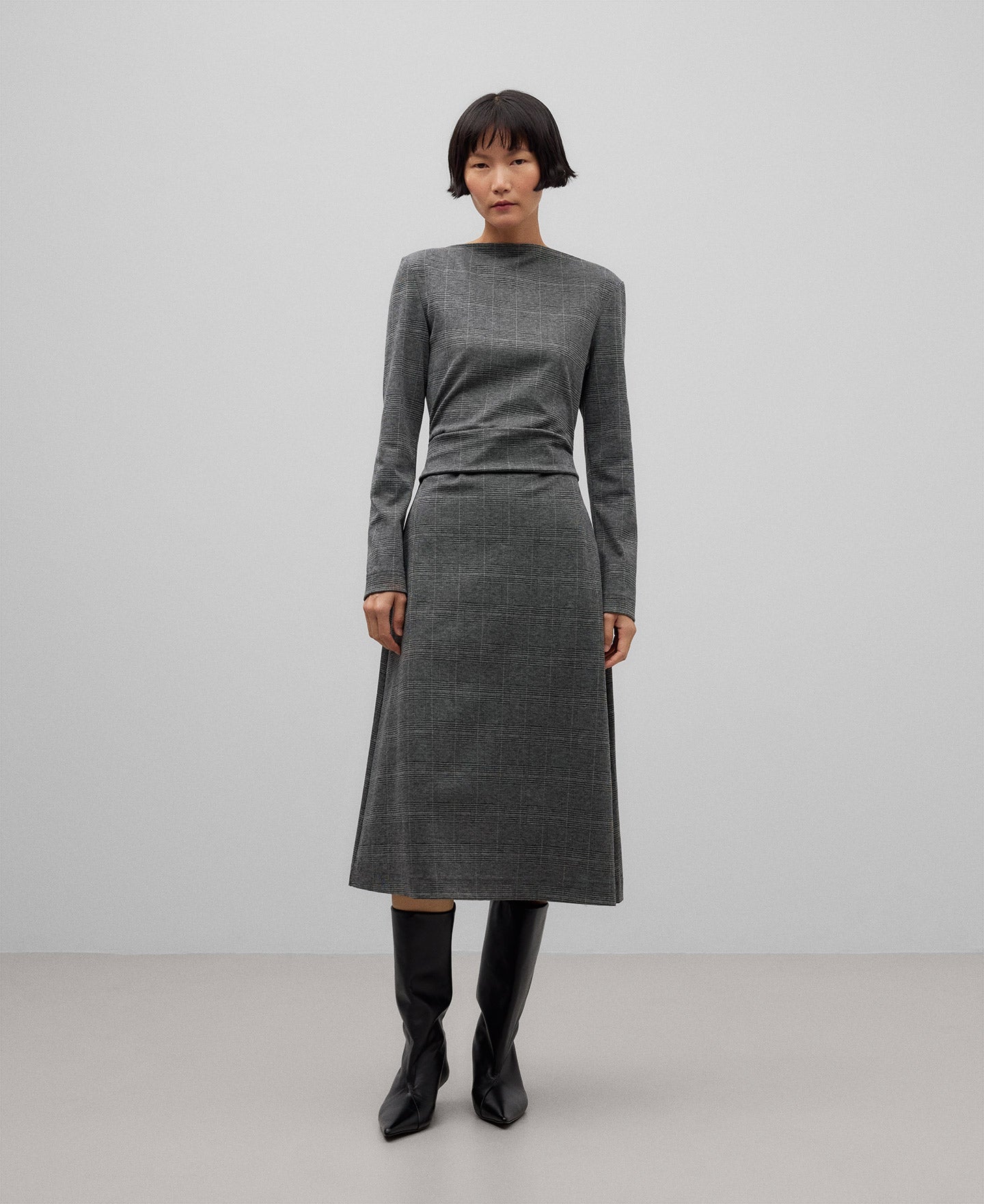 Printed dress with draped waist woman in grey/black