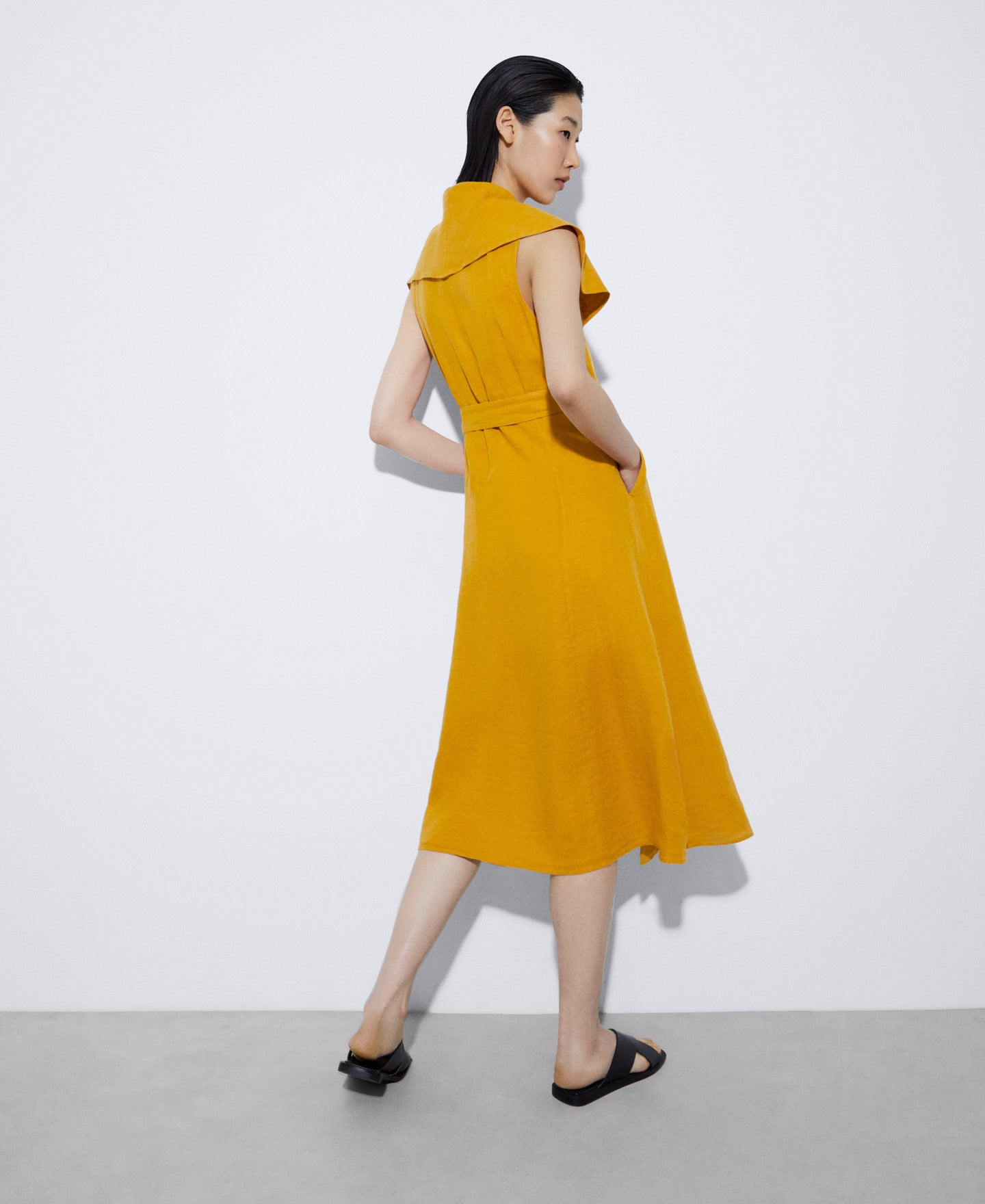 Mustard European Linen Midi Dress