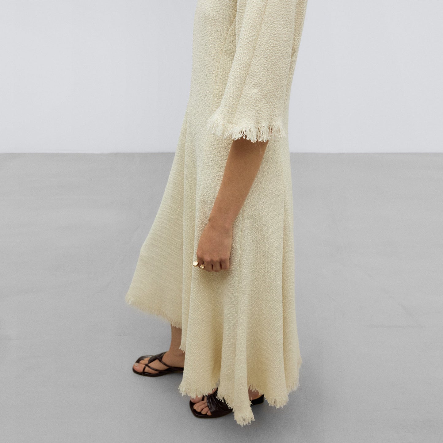 Ecru Dress With Frayed Hem