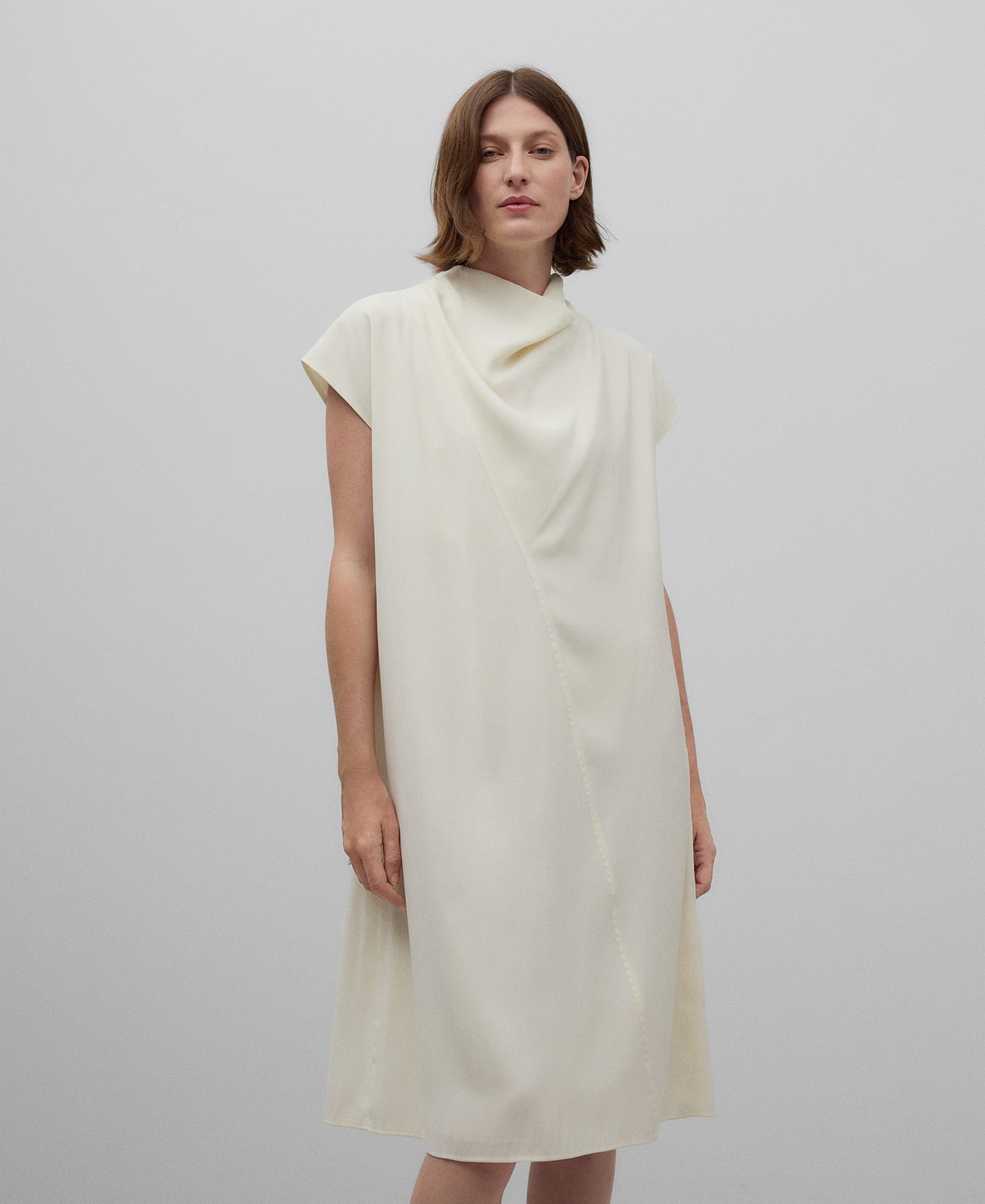 Draped Collar Straight Dress in Ecru