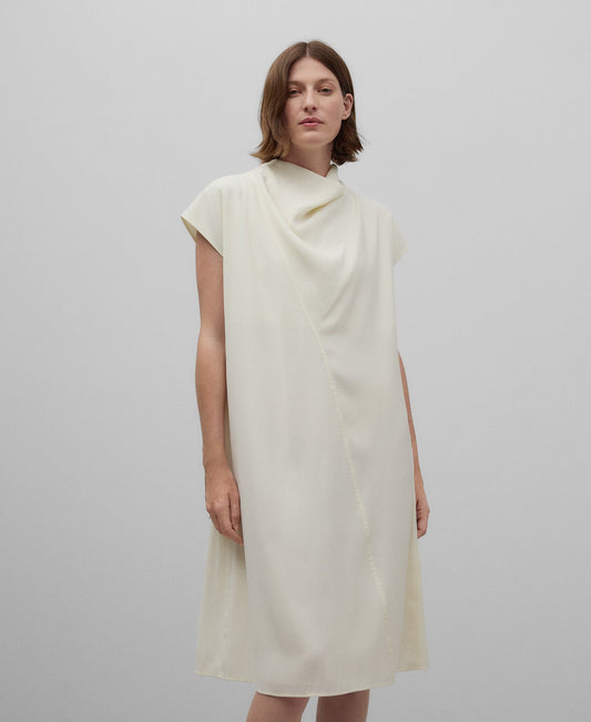 Draped Collar Straight Dress in Ecru