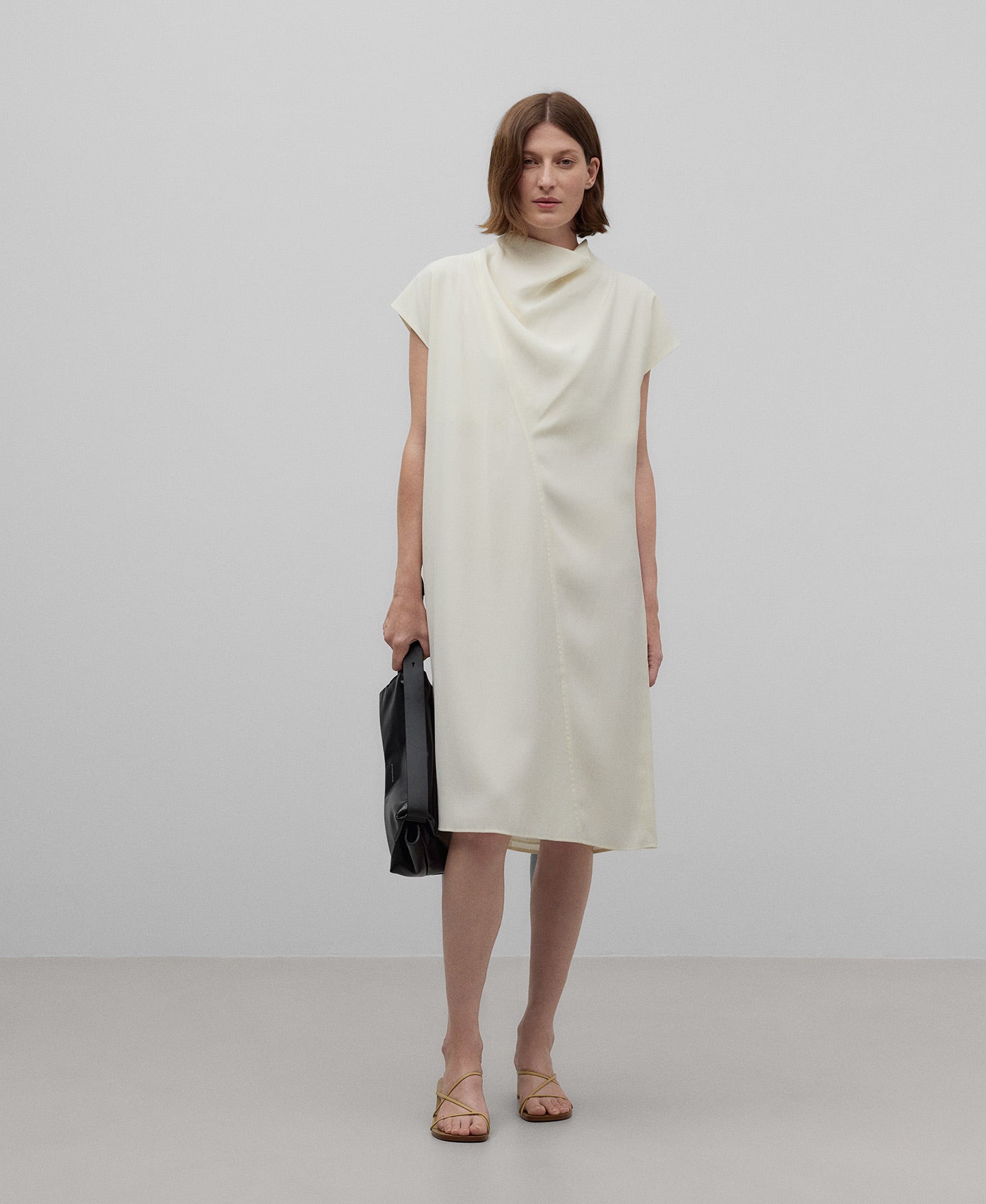 Draped Collar Straight Dress in Ecru