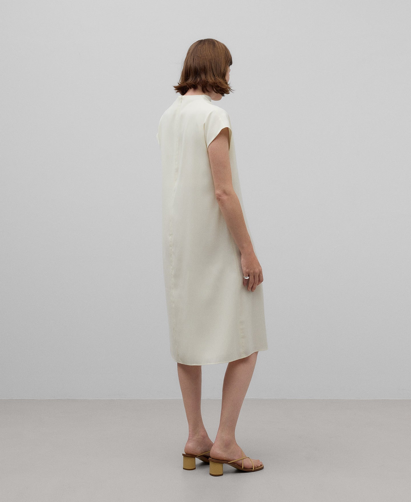 Draped Collar Straight Dress in Ecru