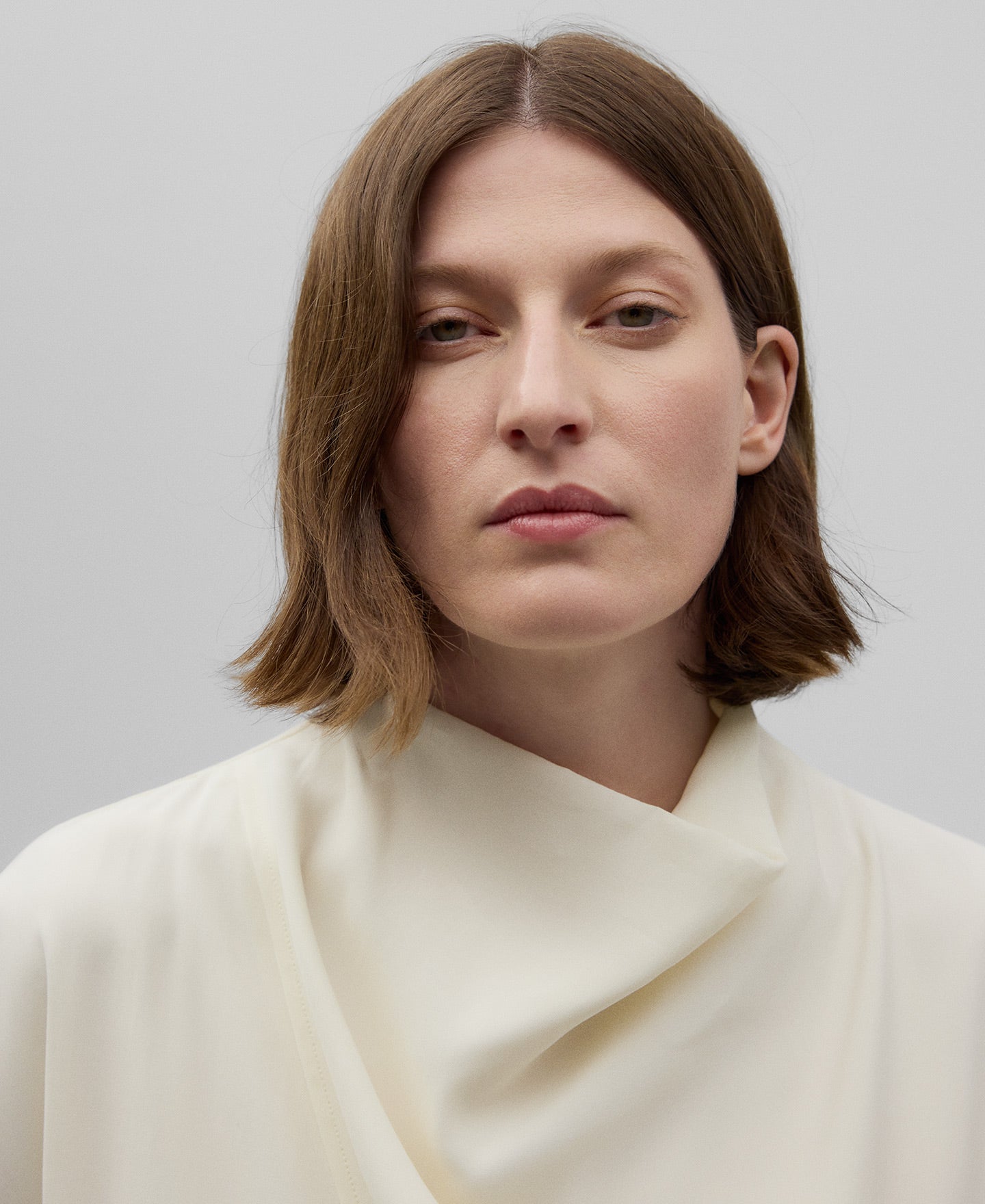 Draped Collar Straight Dress in Ecru