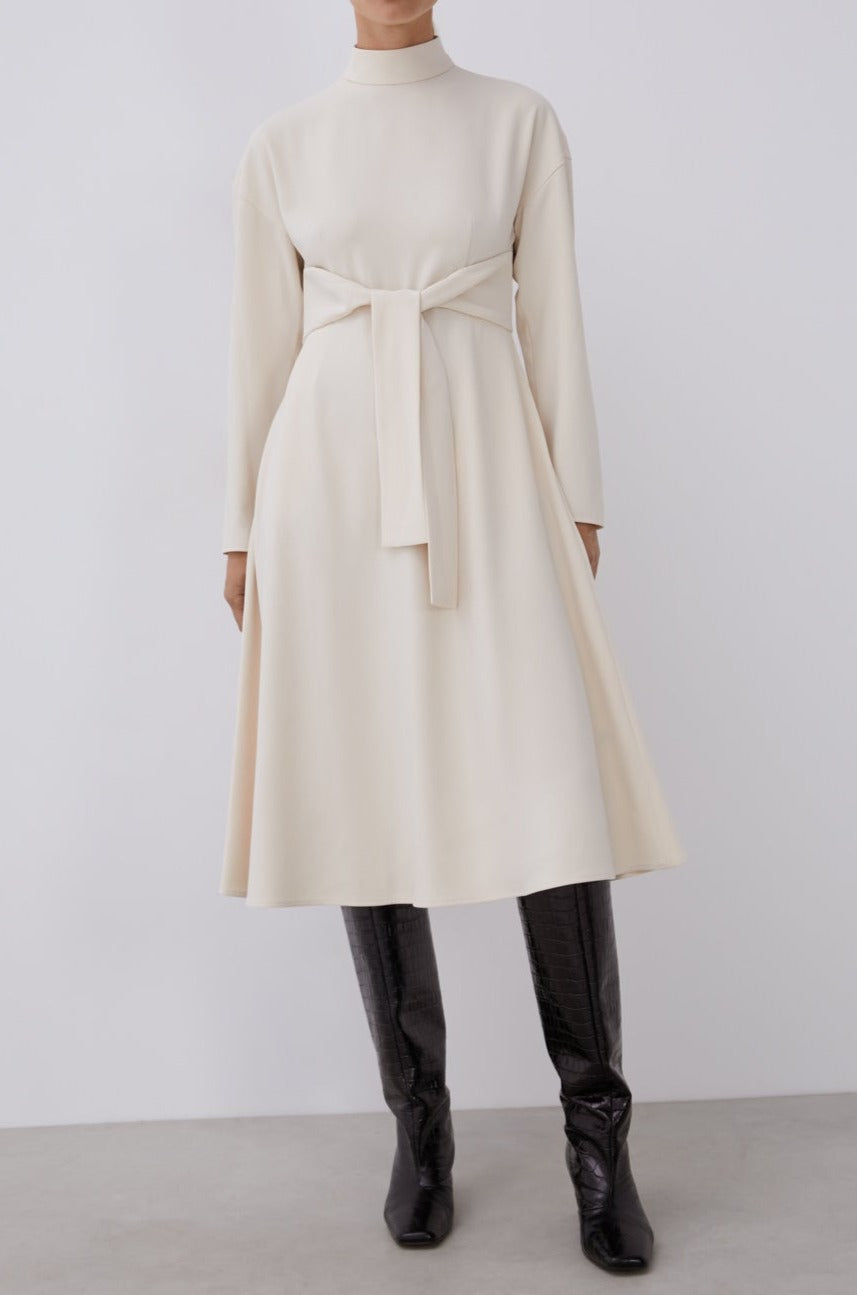Beige Long Sleeve Dress With Central Strip