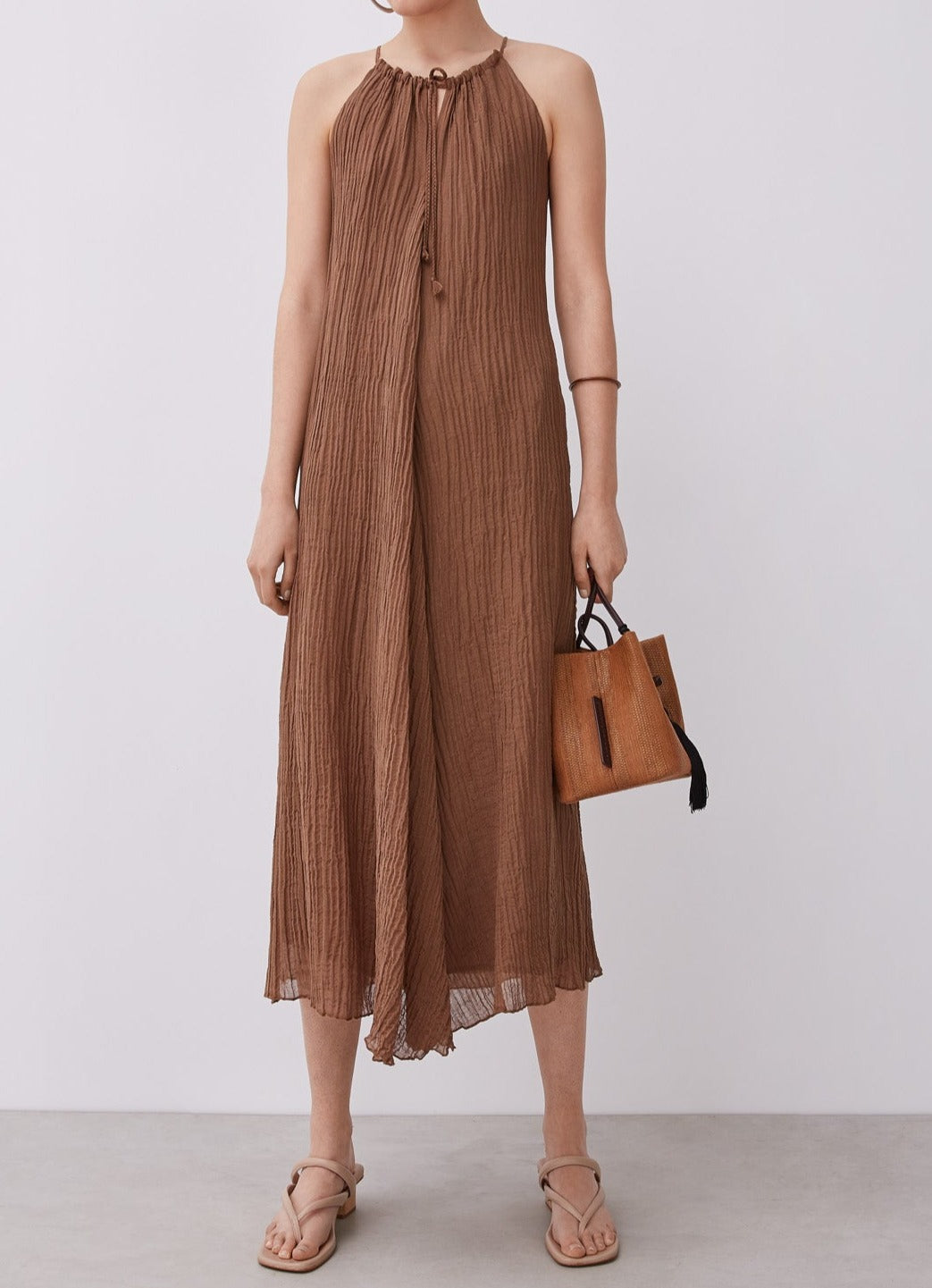 Brown Wrinkled Dress With Halter Neckline