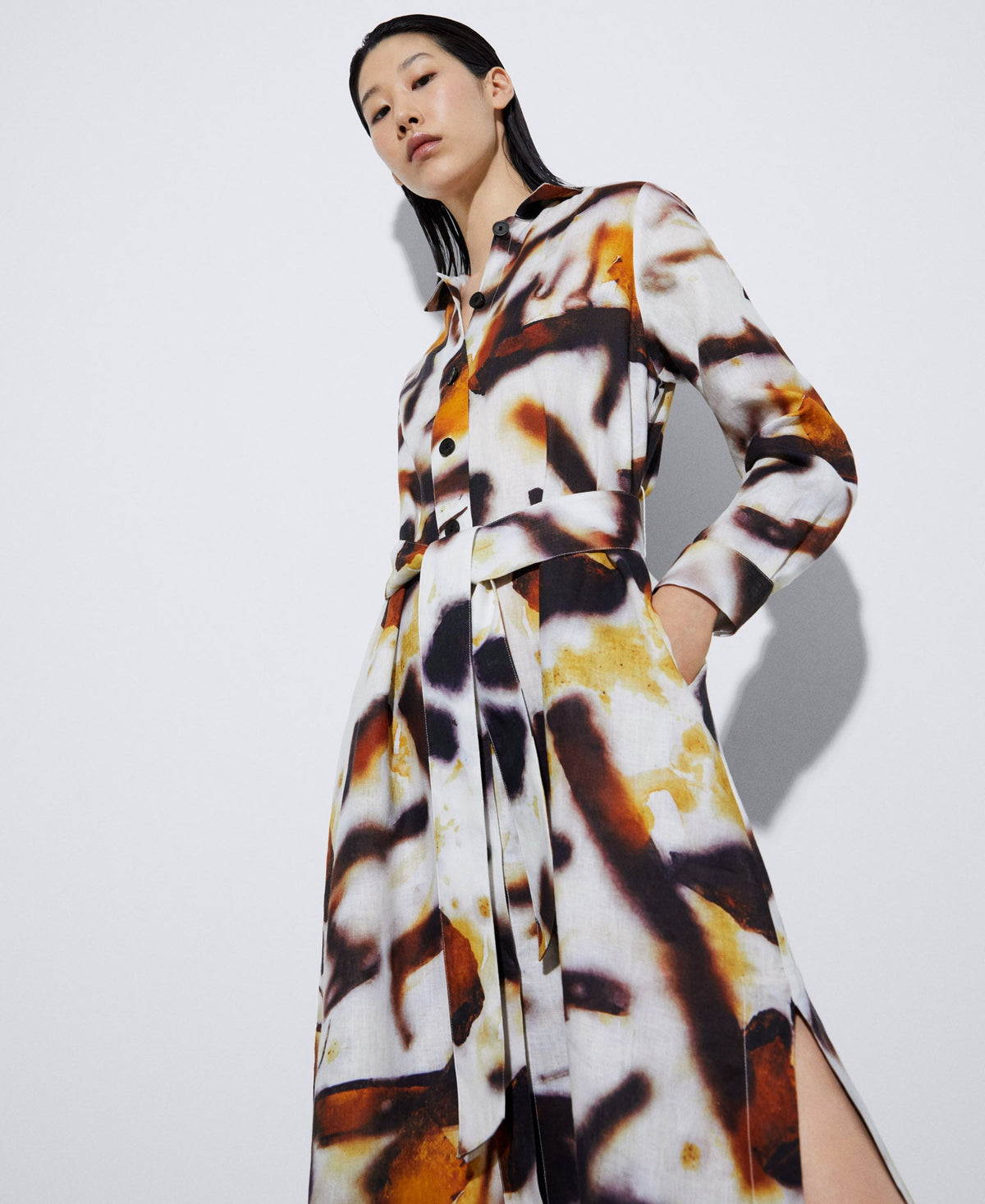 Yellow Print European Linen Shirt Dress