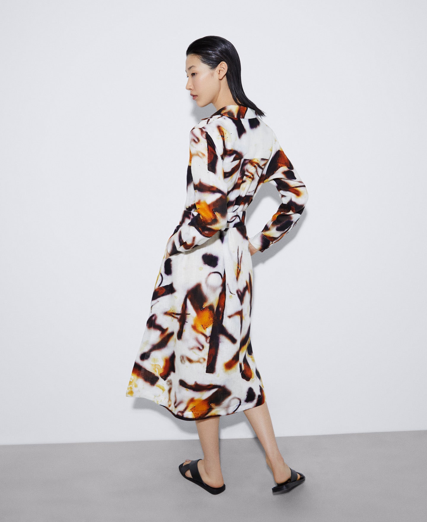 Yellow Print European Linen Shirt Dress
